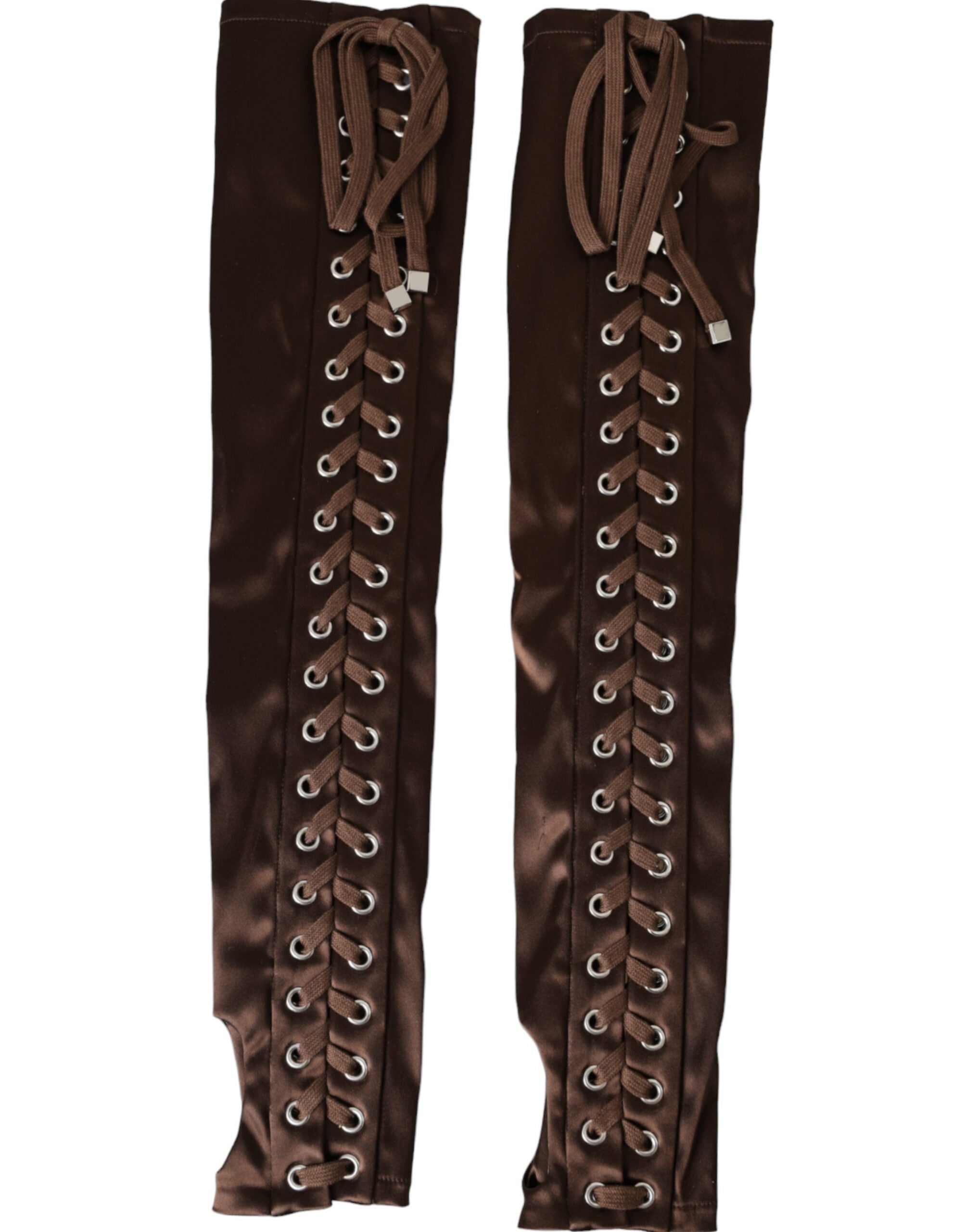 Dolce & Gabbana Acetate Lace Up Fingerless Brown Gloves