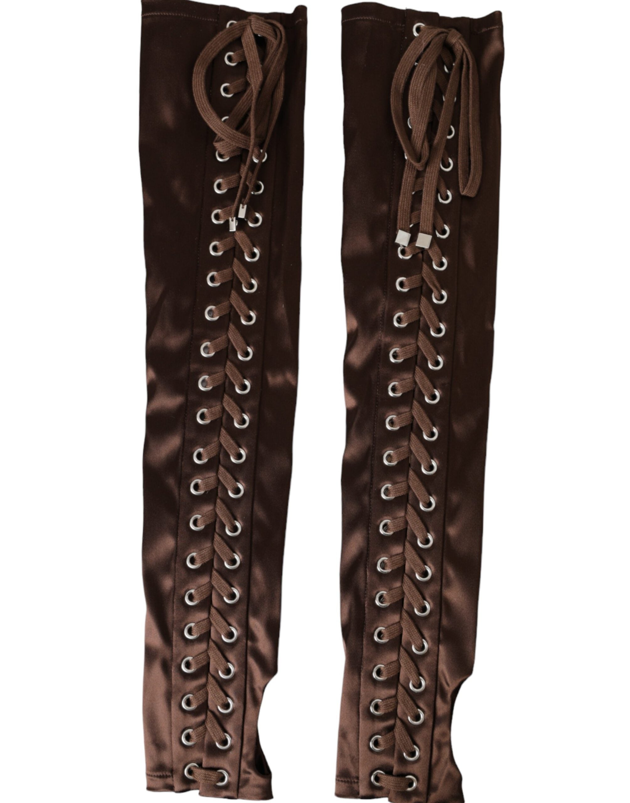 Dolce & Gabbana Acetate Lace Up Fingerless Brown Gloves