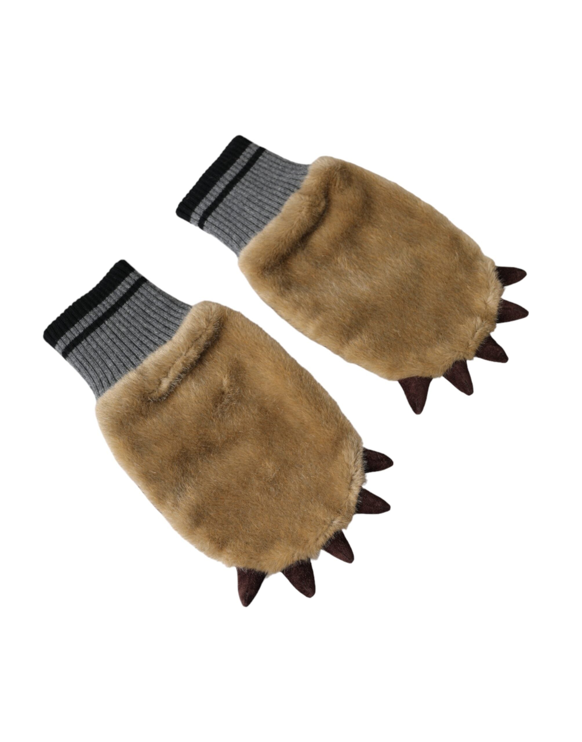 Dolce & Gabbana Acrylic Knitted Fur Wrist Mitten Beige Gloves