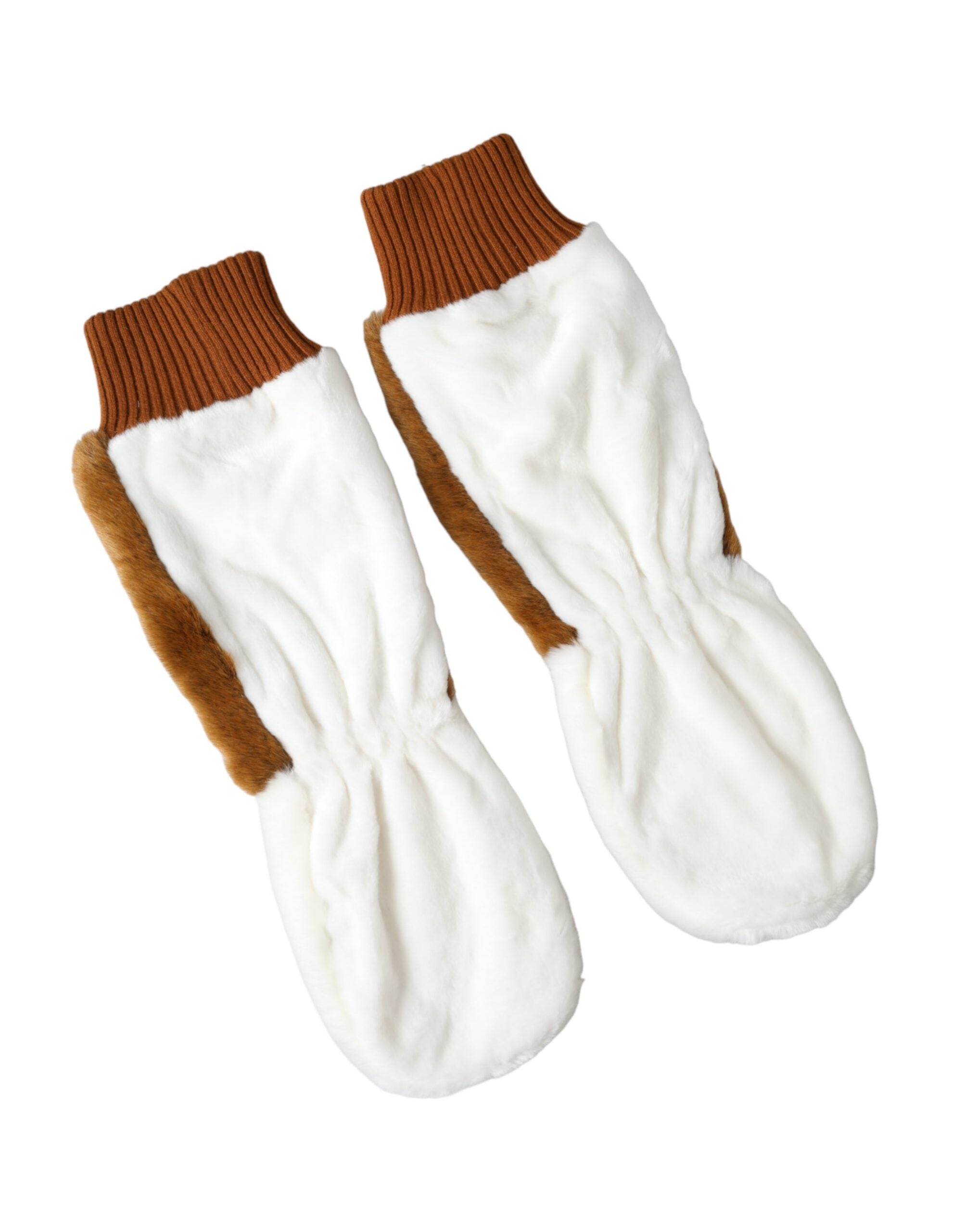 Dolce & Gabbana Acrylic Knitted Fur Mitten Brown White Gloves