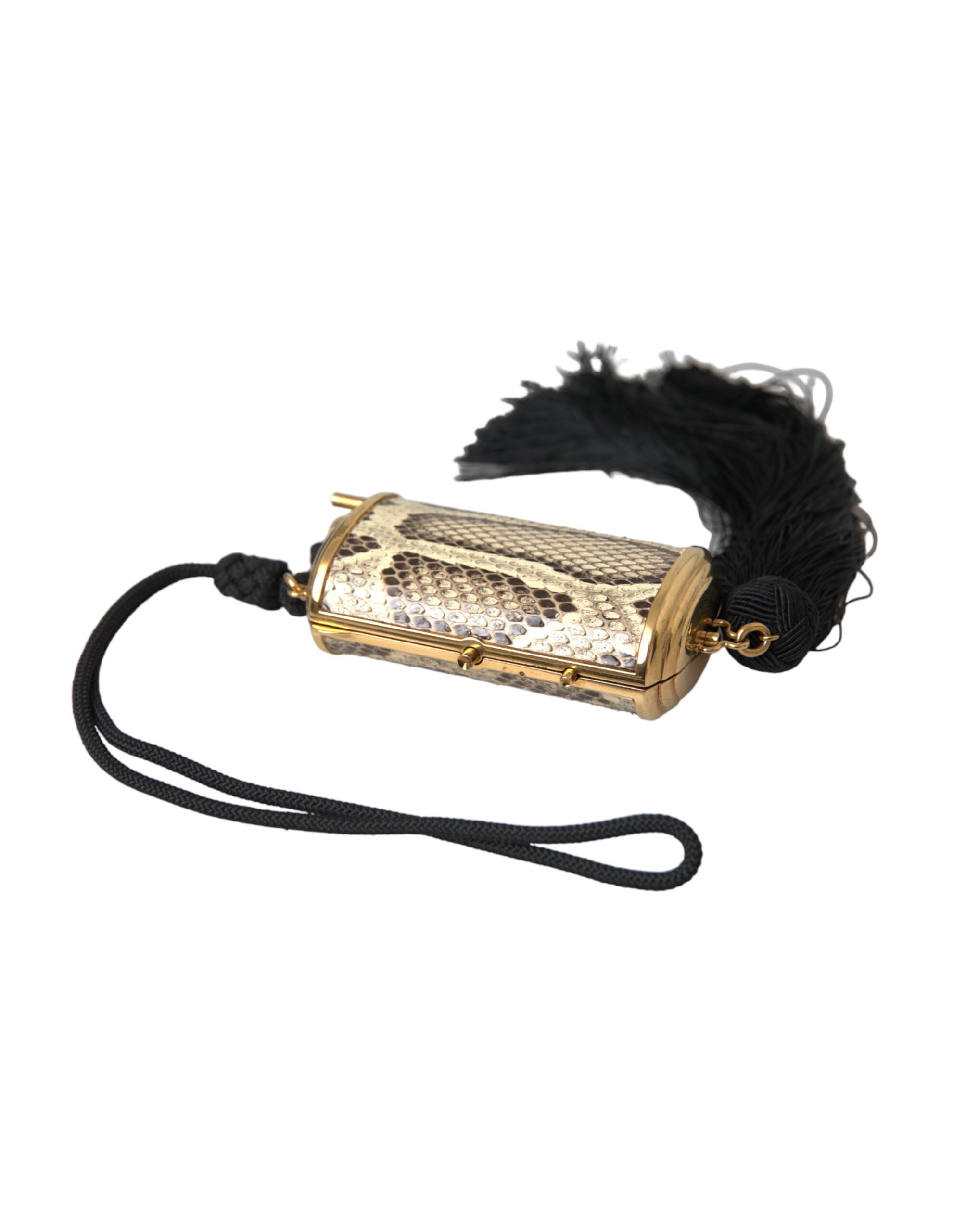 Dolce & Gabbana Exotic Leather Mini Mirror Tassel Make Up Holder Beige Bag