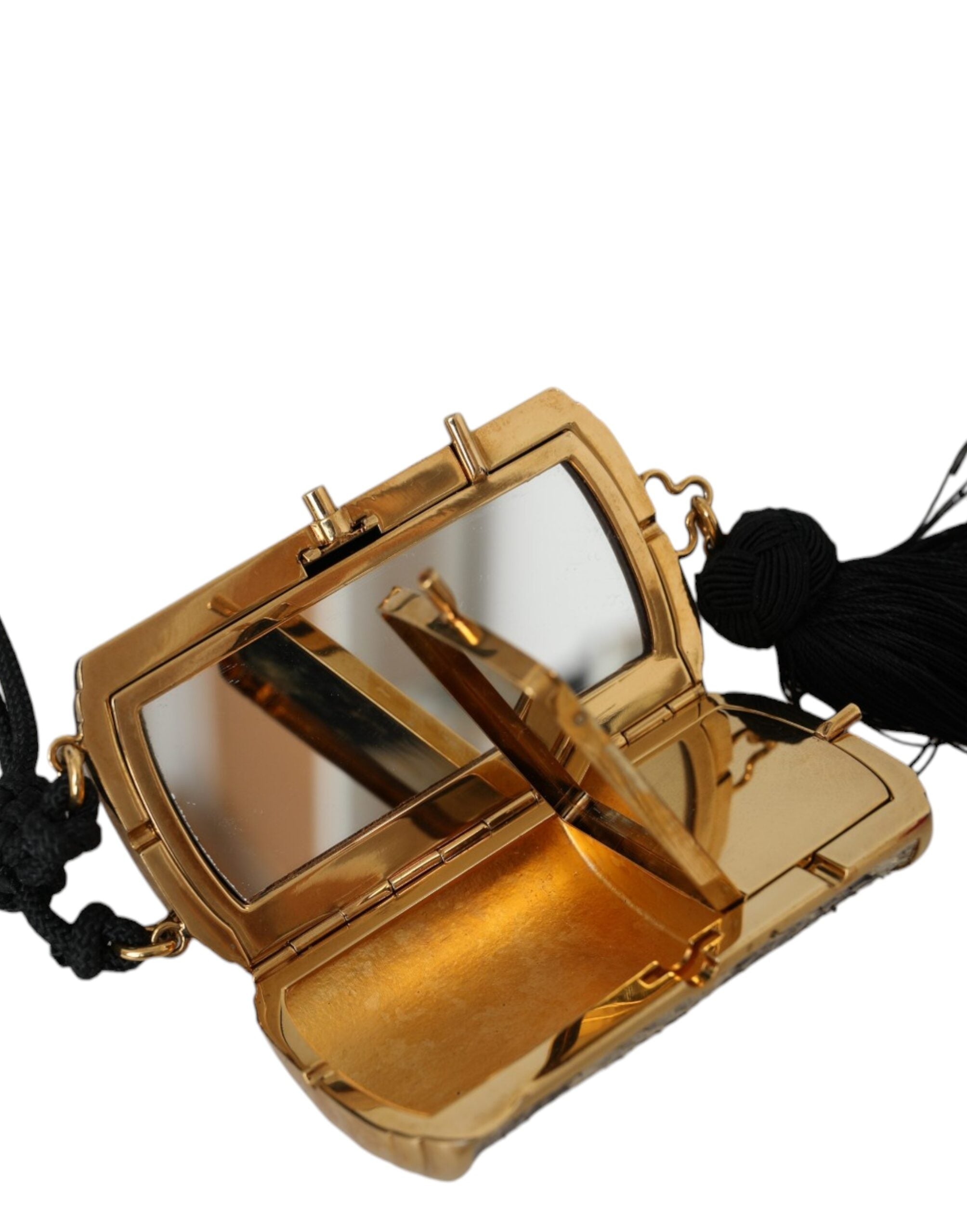 Dolce & Gabbana Exotic Leather Mini Mirror Tassel Make Up Holder Beige Bag