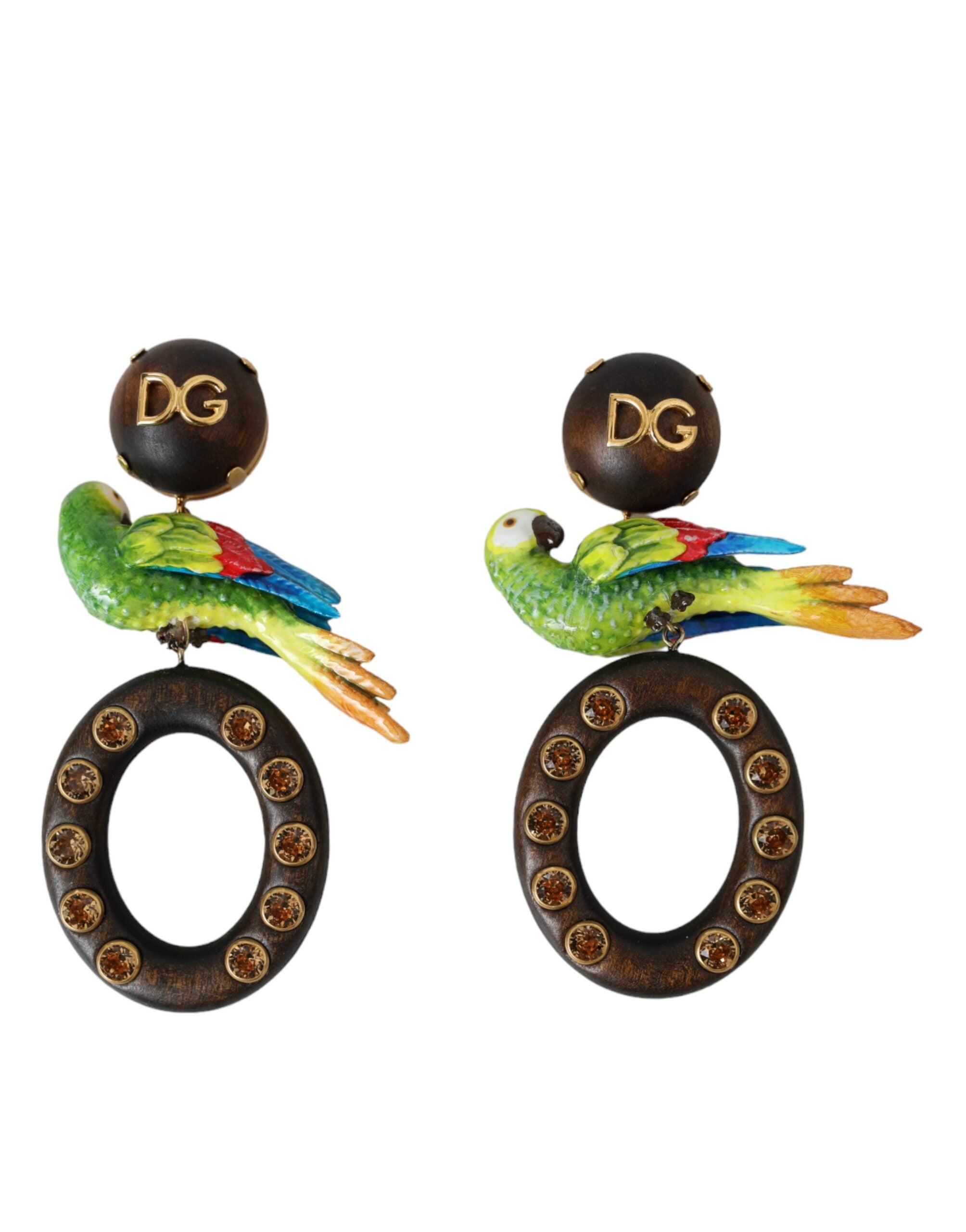 Dolce & Gabbana Parrot Wood Brass Crystal Embellished Multicolor Earrings