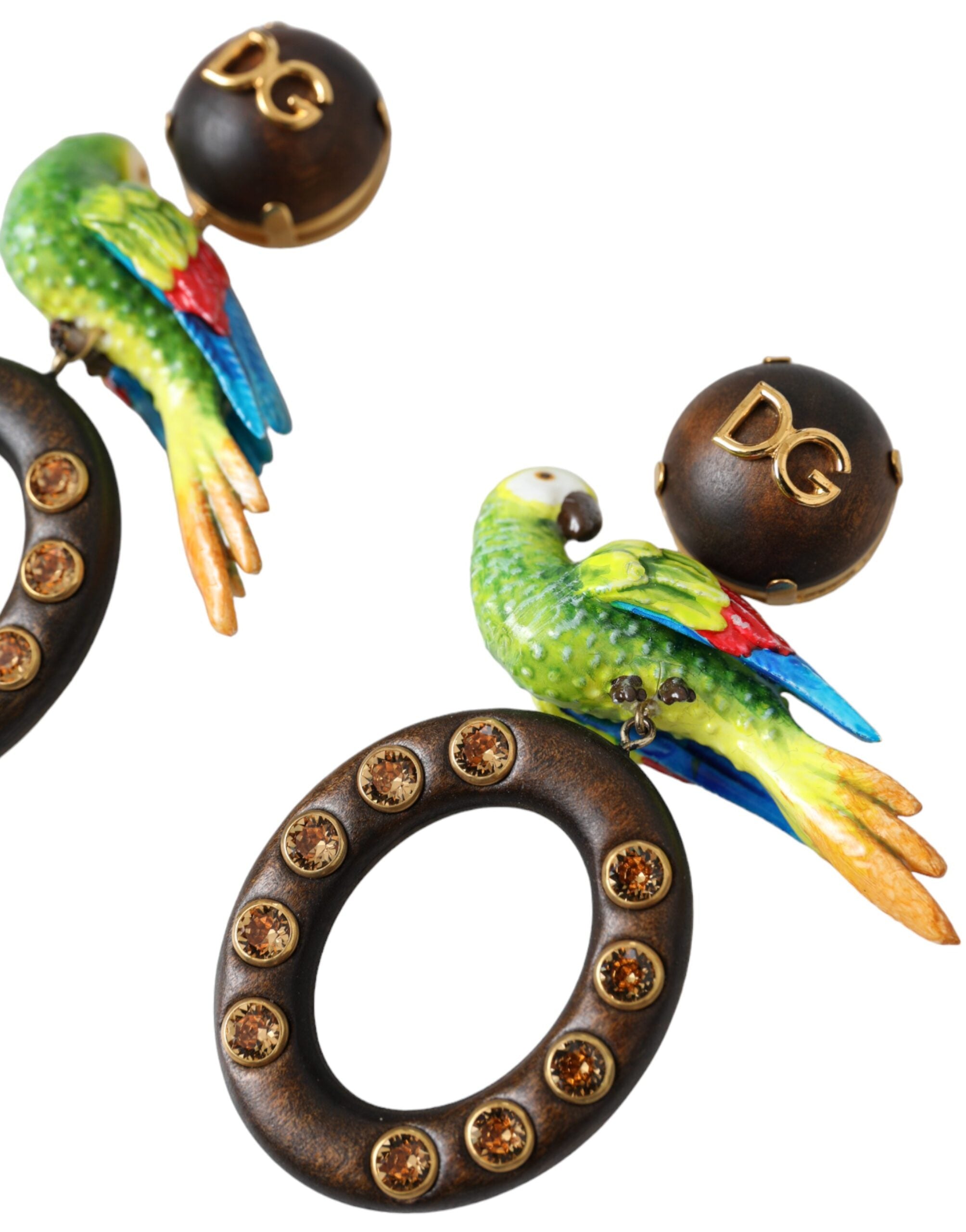 Dolce & Gabbana Parrot Wood Brass Crystal Embellished Multicolor Earrings