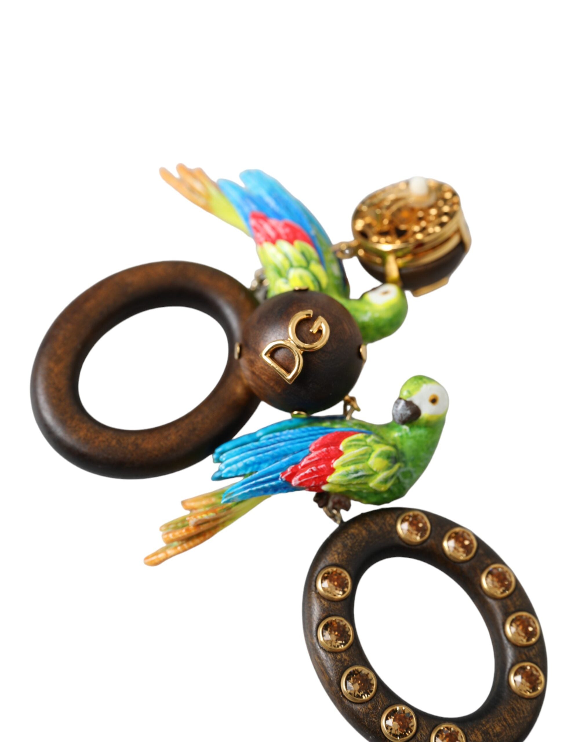 Dolce & Gabbana Parrot Wood Brass Crystal Embellished Multicolor Earrings