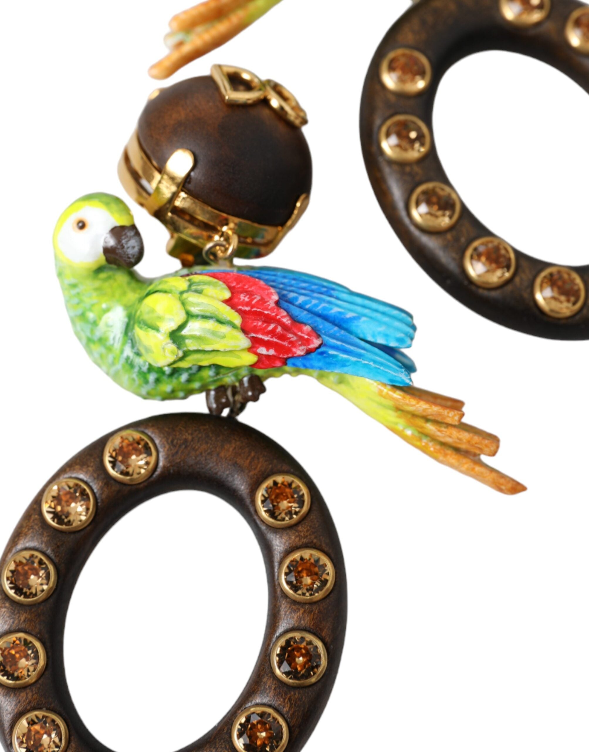 Dolce & Gabbana Parrot Wood Brass Crystal Embellished Multicolor Earrings