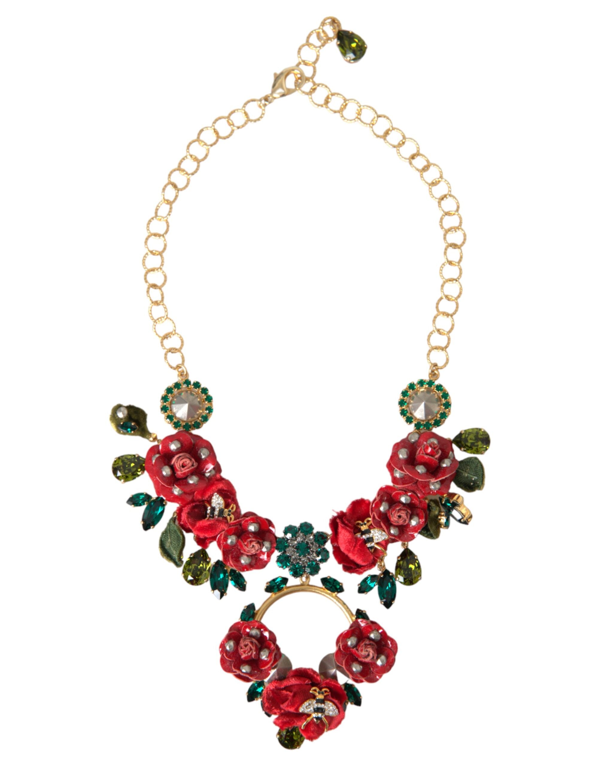 Dolce & Gabbana Brass Link Chain Rosepetal Crystal Pendant Gold Necklace