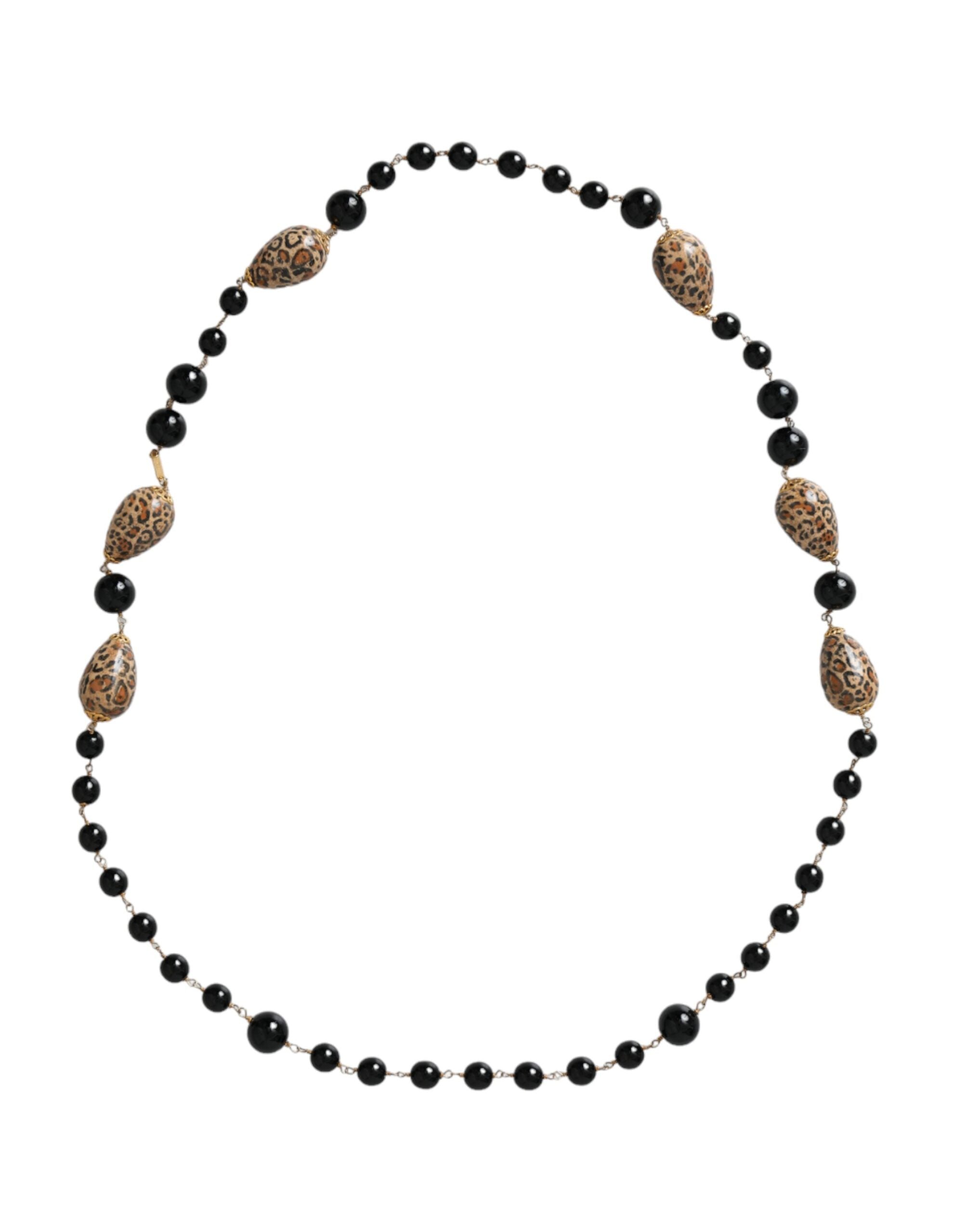 Dolce & Gabbana Tone Brass Printed Beaded Long Chain Gold Black Necklace