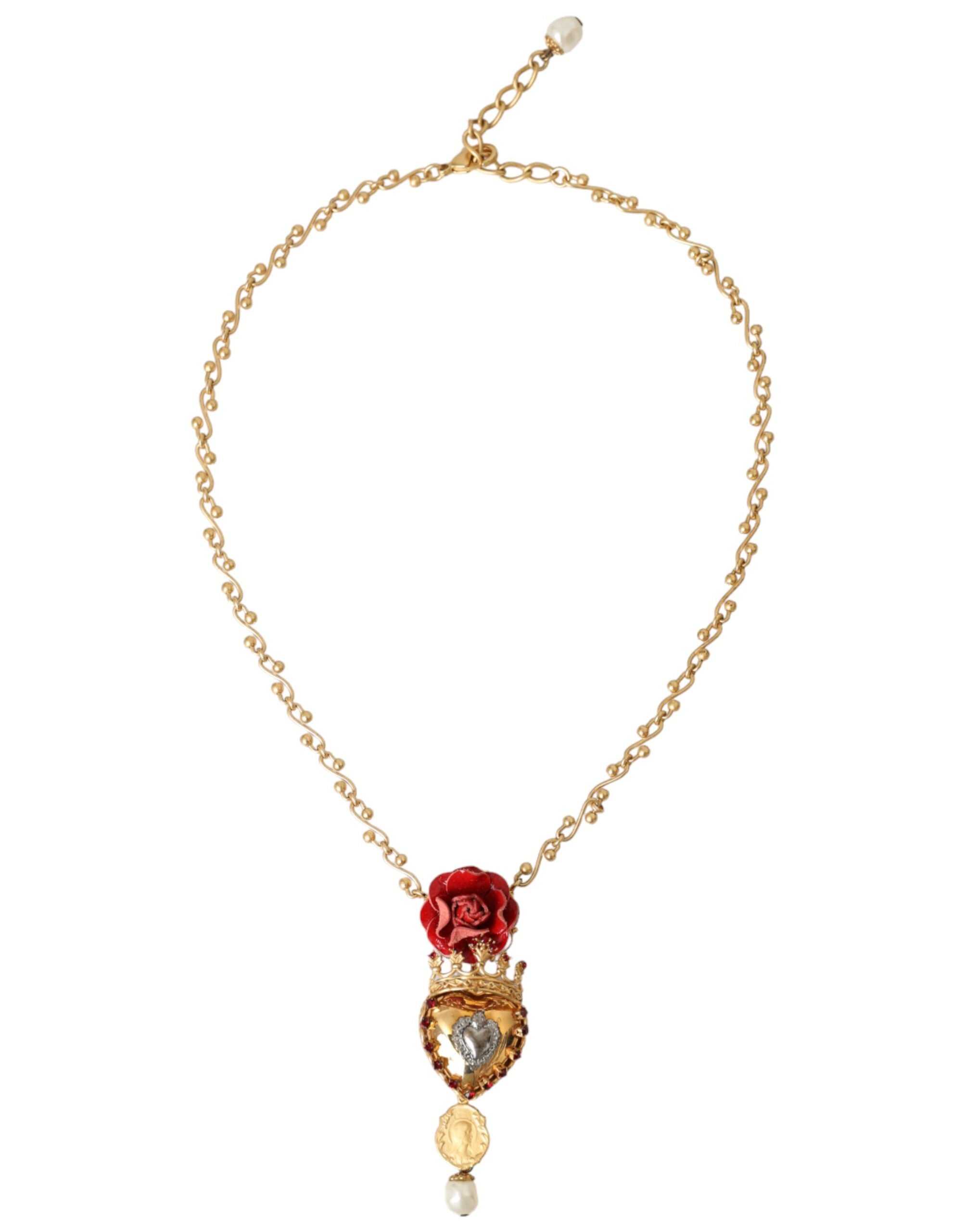 Dolce & Gabbana Brasschain Sacred Heart Rose Crystal Charm Gold Necklace