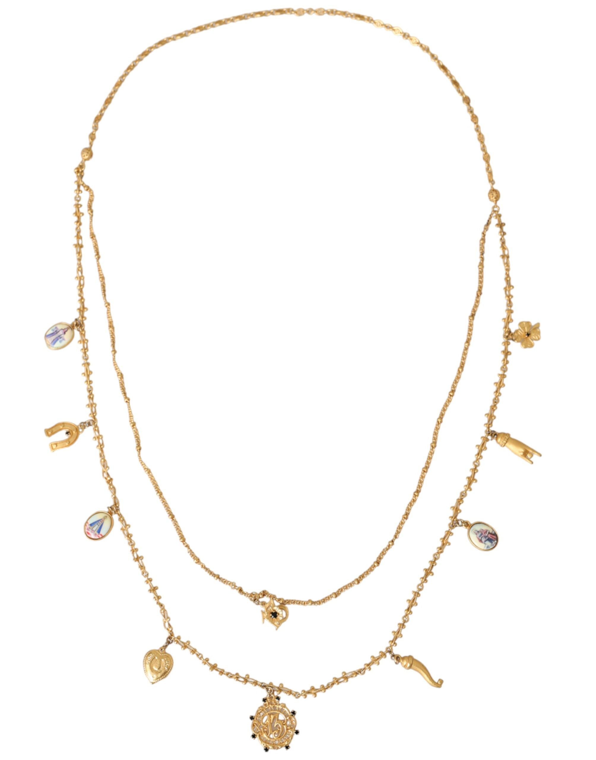 Dolce & Gabbana Tone Chain Brass Charm Statement Sicily Gold Necklace