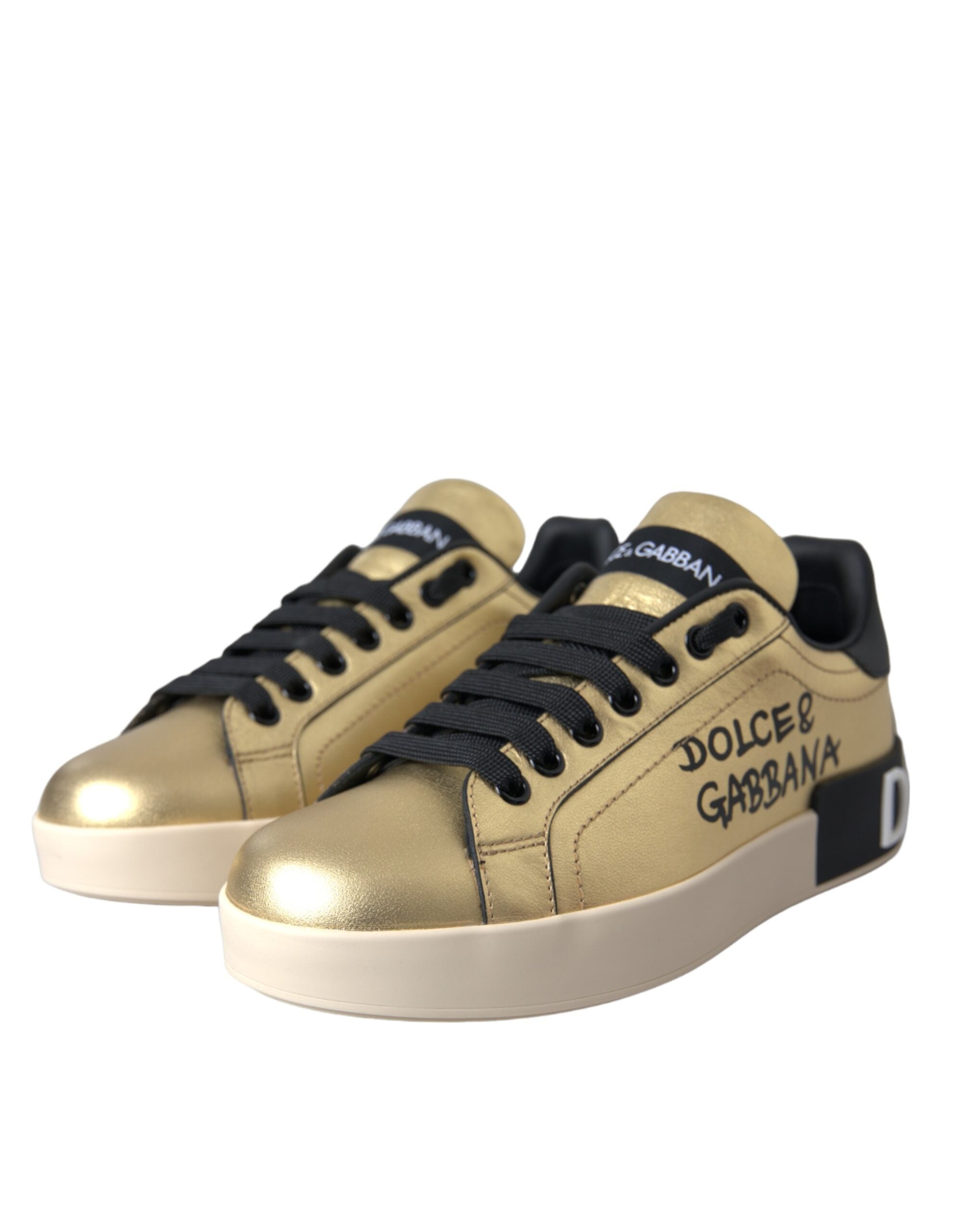 Dolce & Gabbana Gold Portofino Calf Leather Sneakers Women Shoes Glam Steals