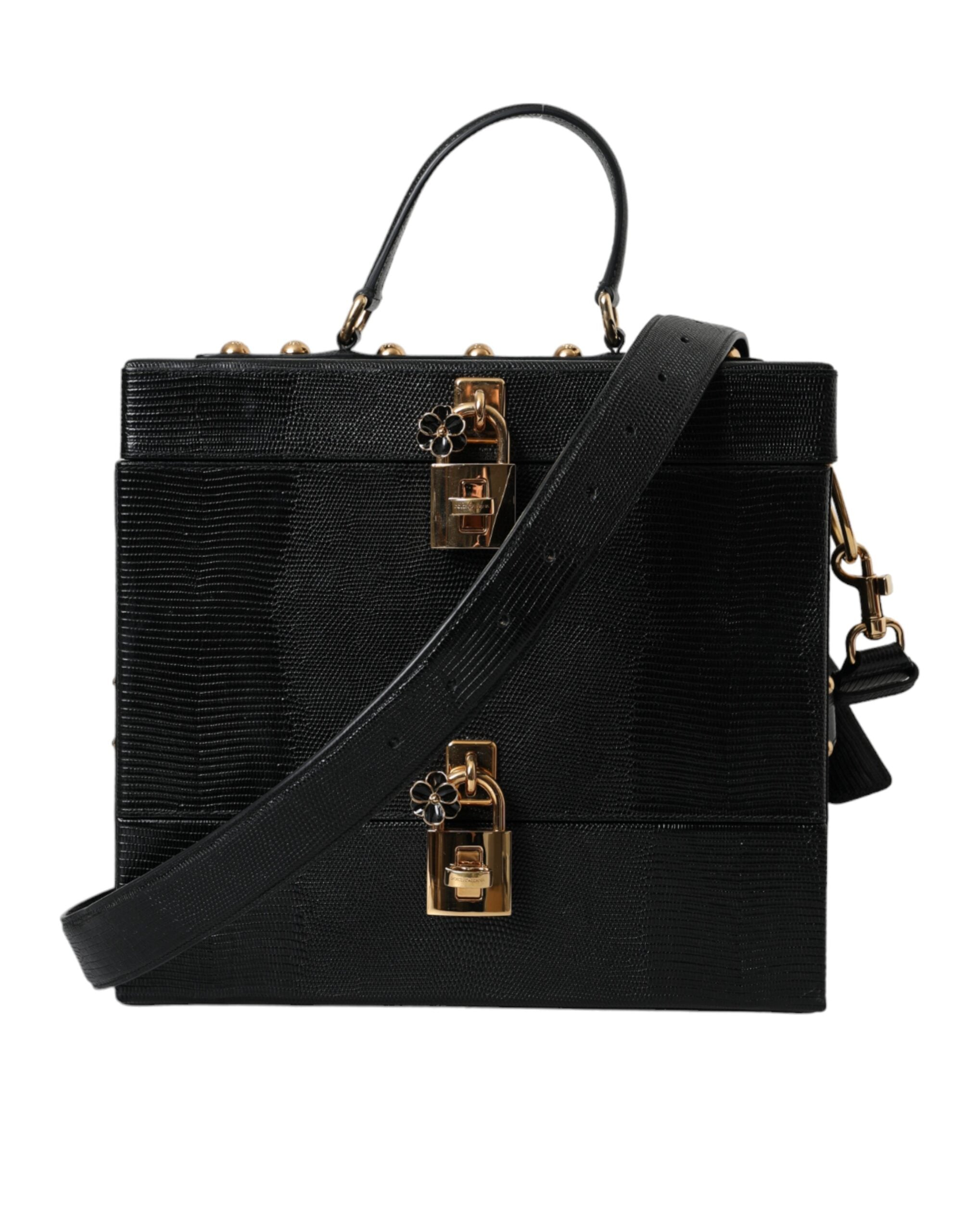 Dolce & Gabbana Lizard Embossed Calfskin Leather Double Box Black Bag