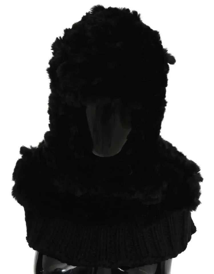 Dolce & Gabbana Fox Fur Cashmere Hooded Black Silver Scarf