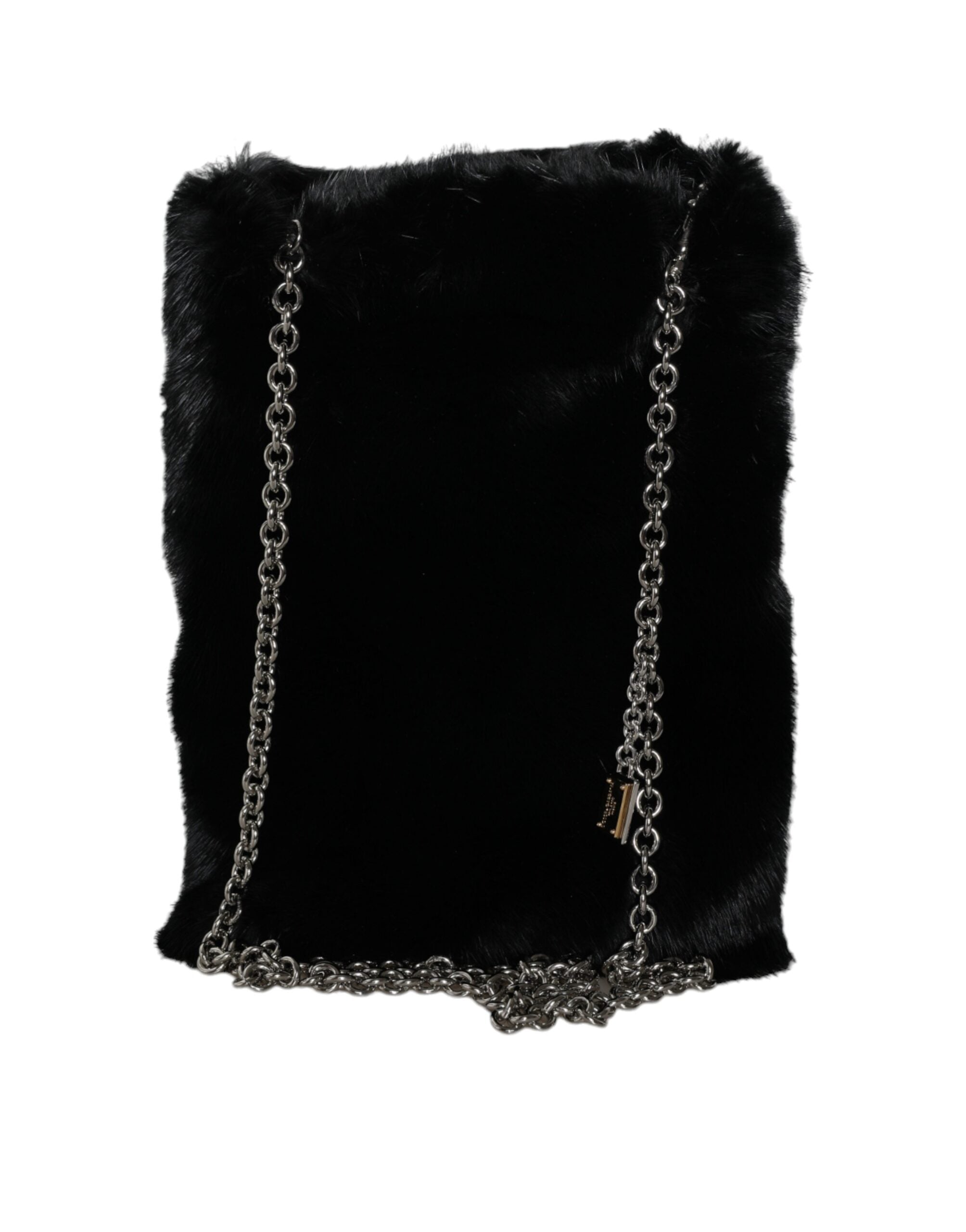 Dolce & Gabbana Faux Fur Chain Crossbody Shoulder Purse Black Silver Bag