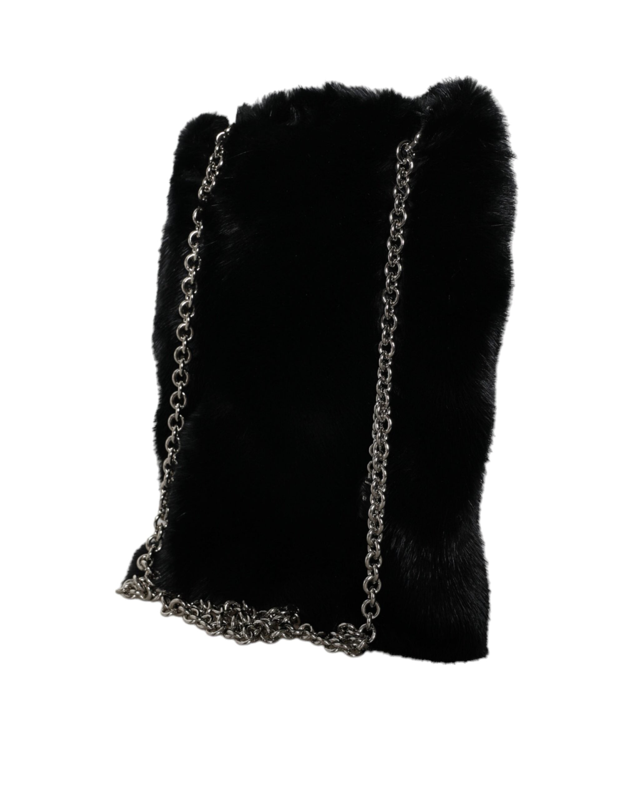 Dolce & Gabbana Faux Fur Chain Crossbody Shoulder Purse Black Silver Bag