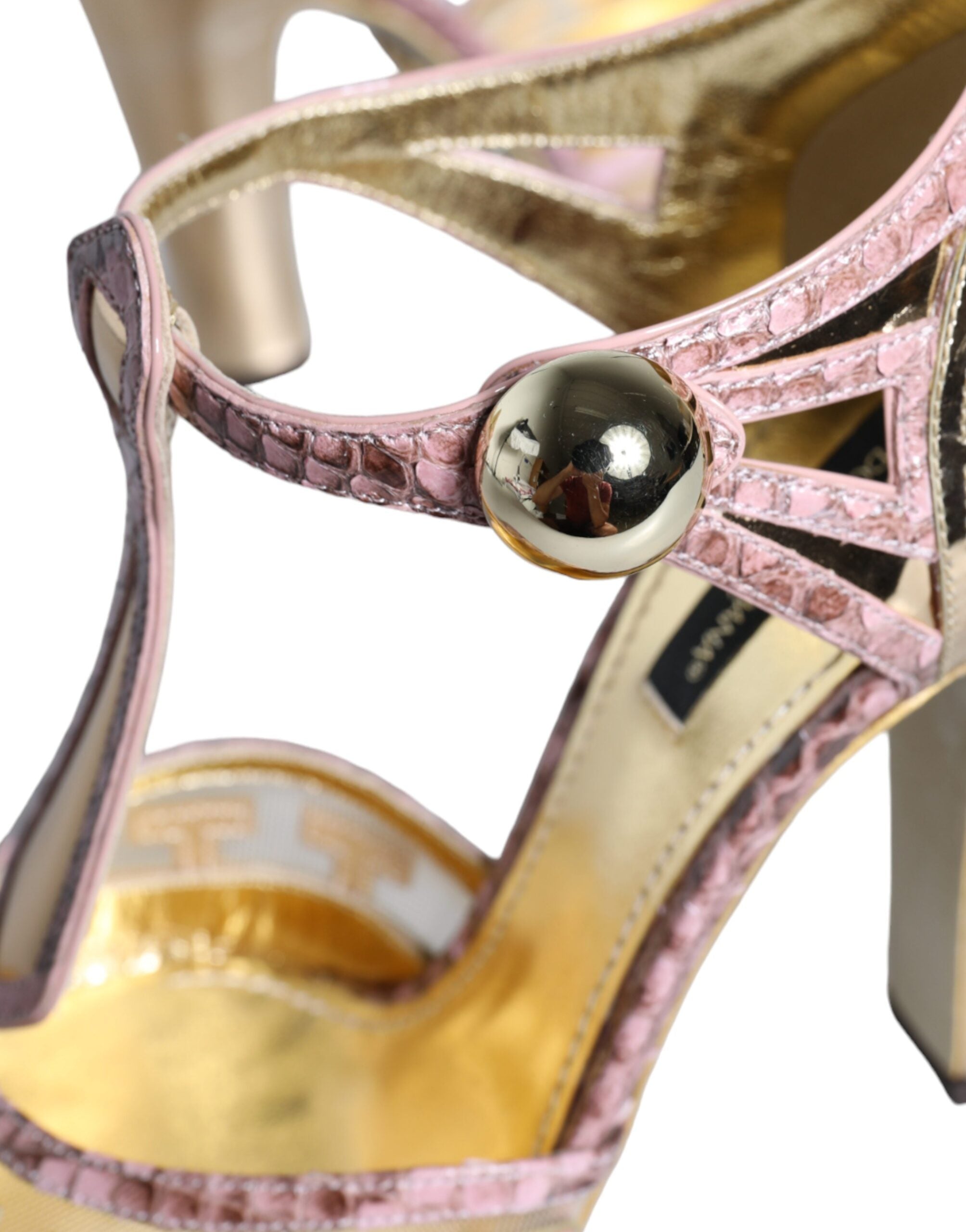 Dolce & Gabbana Pink Gold Leather Pumps T-Strap Sandals Shoes