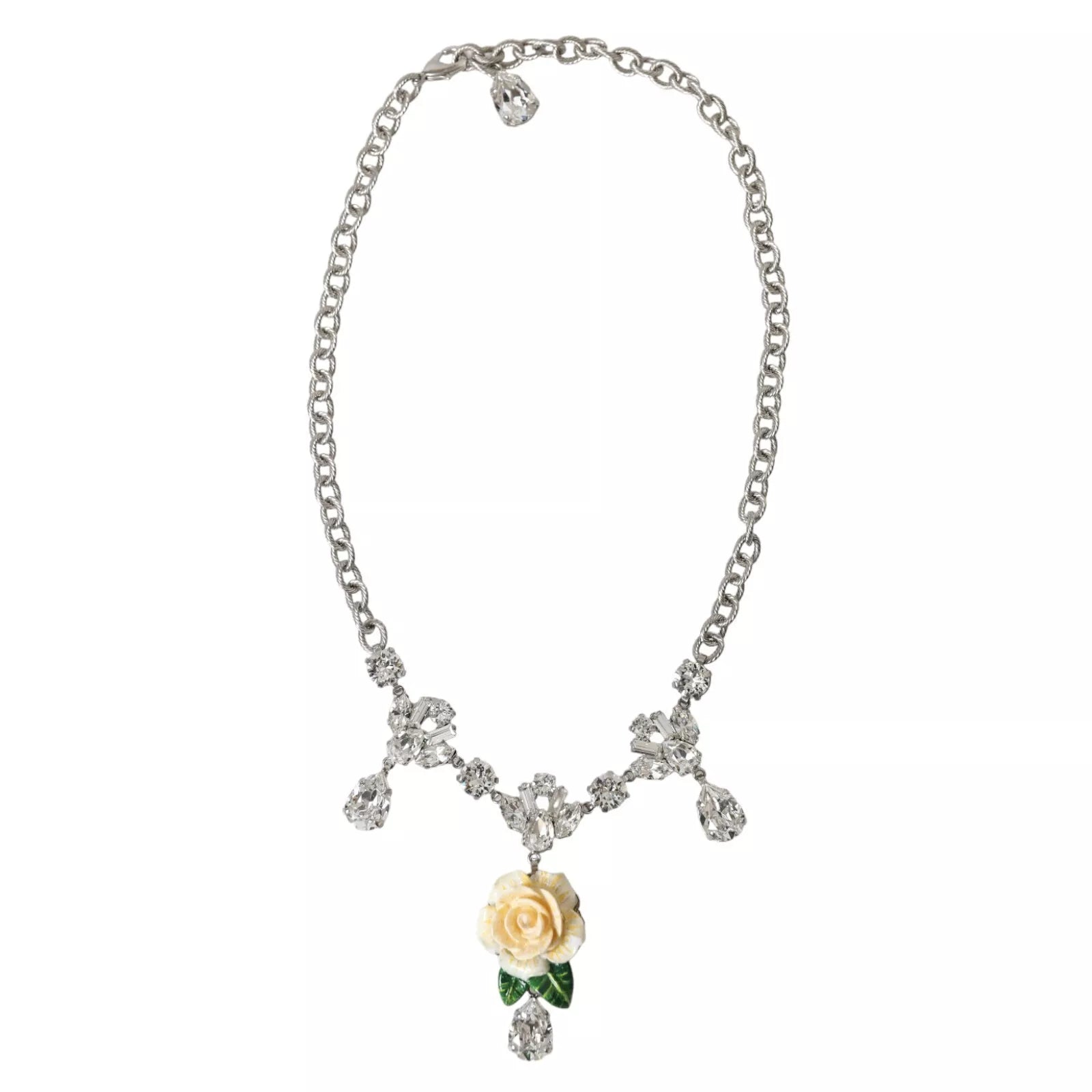 Dolce & Gabbana Brass Crystal Roses Pendants Silver Clear Necklace