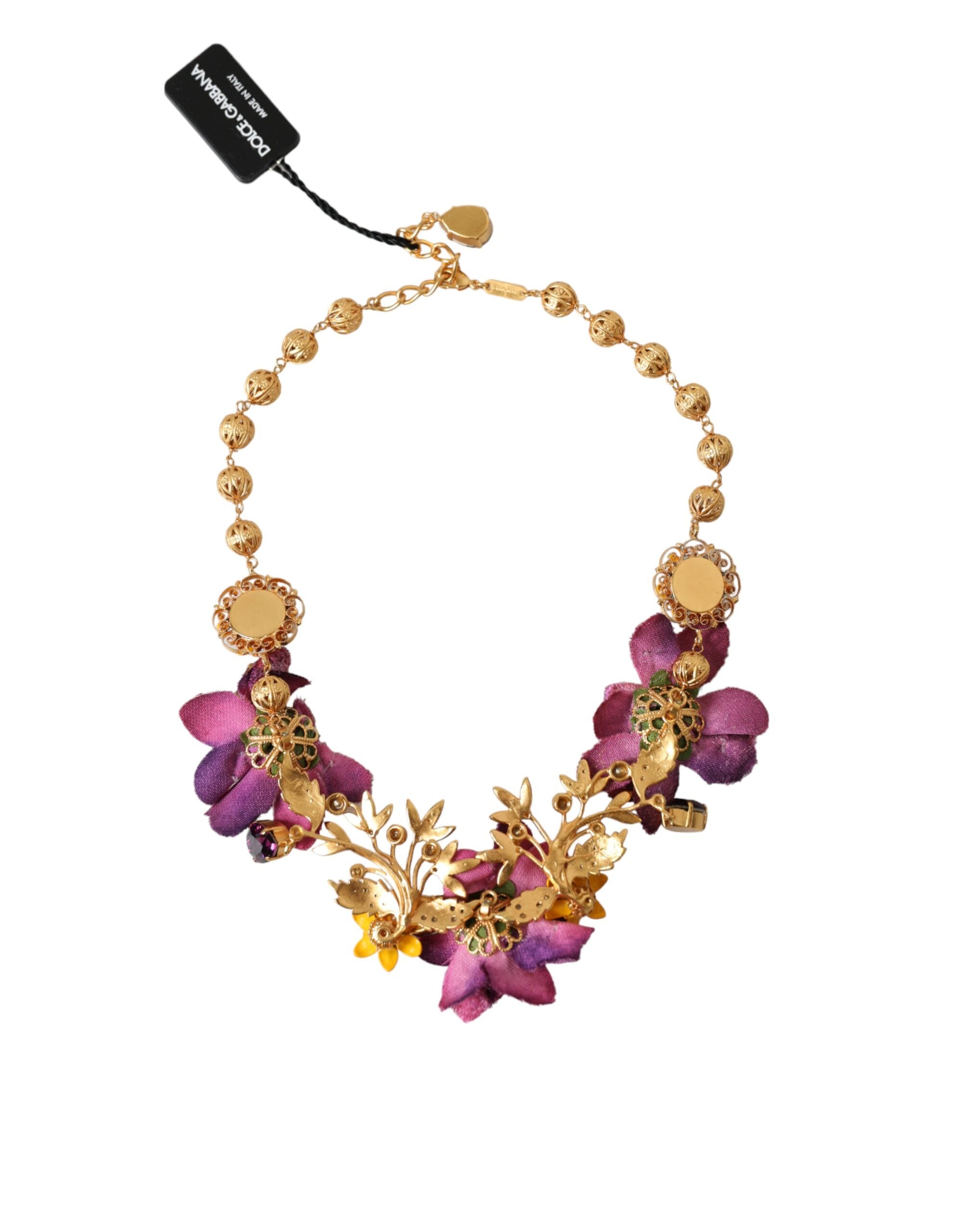 Dolce & Gabbana Brass Mix Fiori Flowers Crystal Chain Gold Necklace