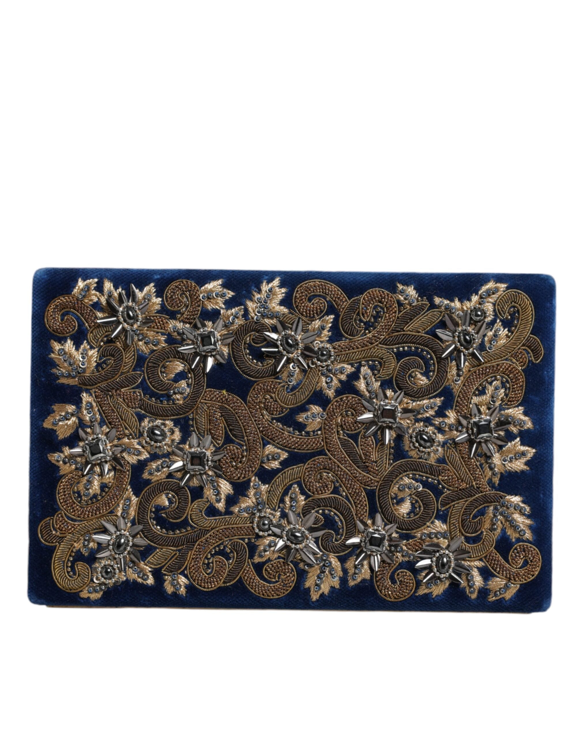 Dolce & Gabbana Velvet Frame Clutch Evening Party Purse Blue Gold Bag