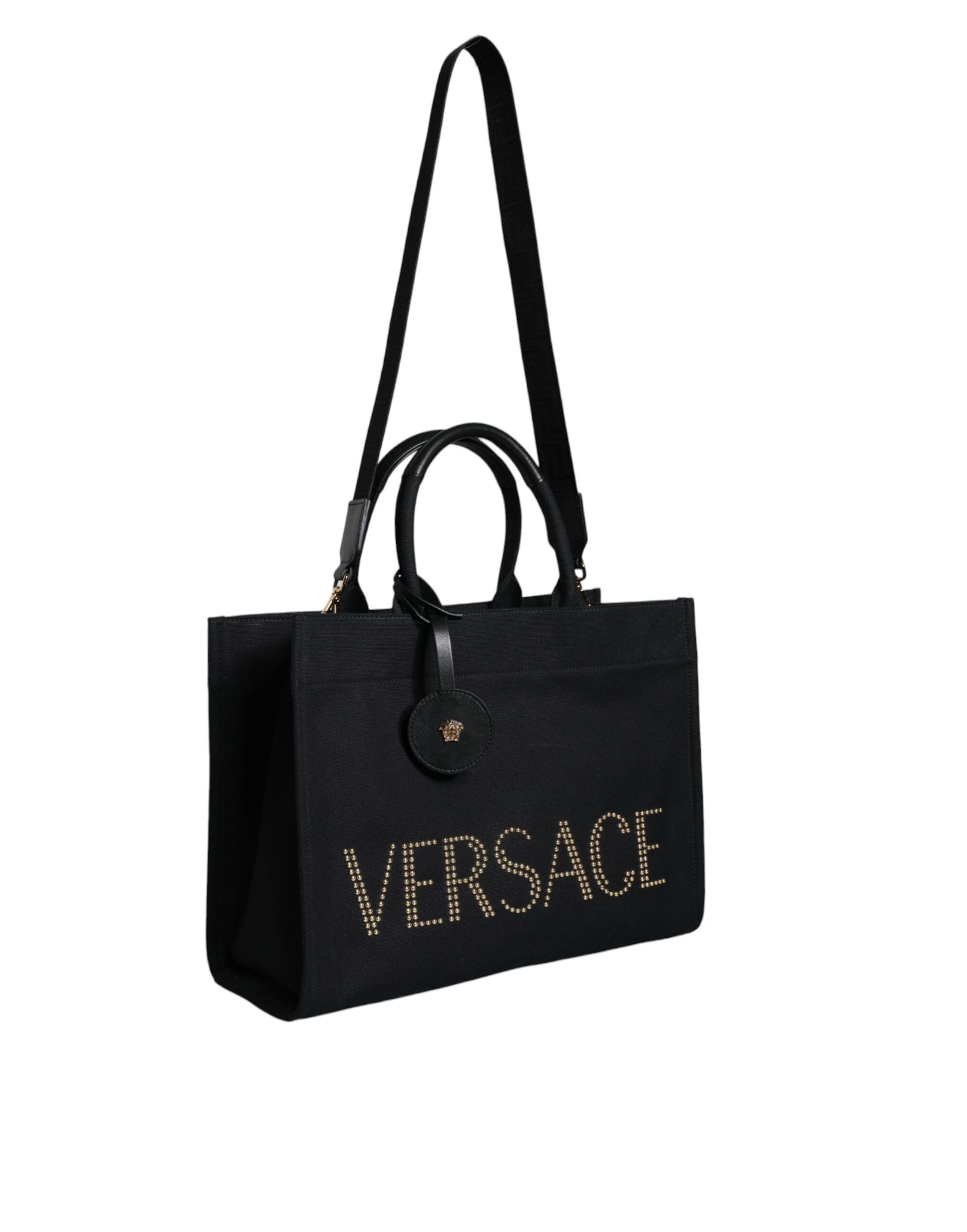 Versace Top Handle Canvas Leather Logo Crossbody Tote Black Bag
