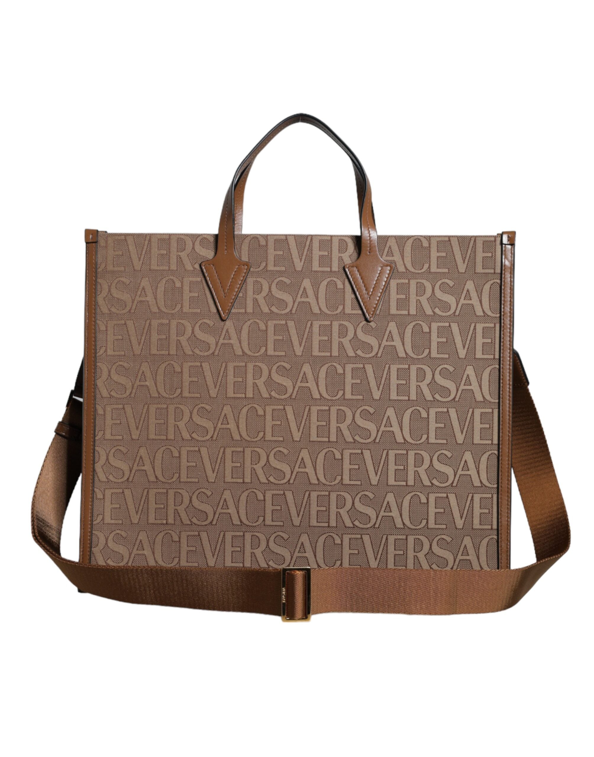 Versace Top Handle Jacquard Leather Logo Crossbody Tote Brown Bag