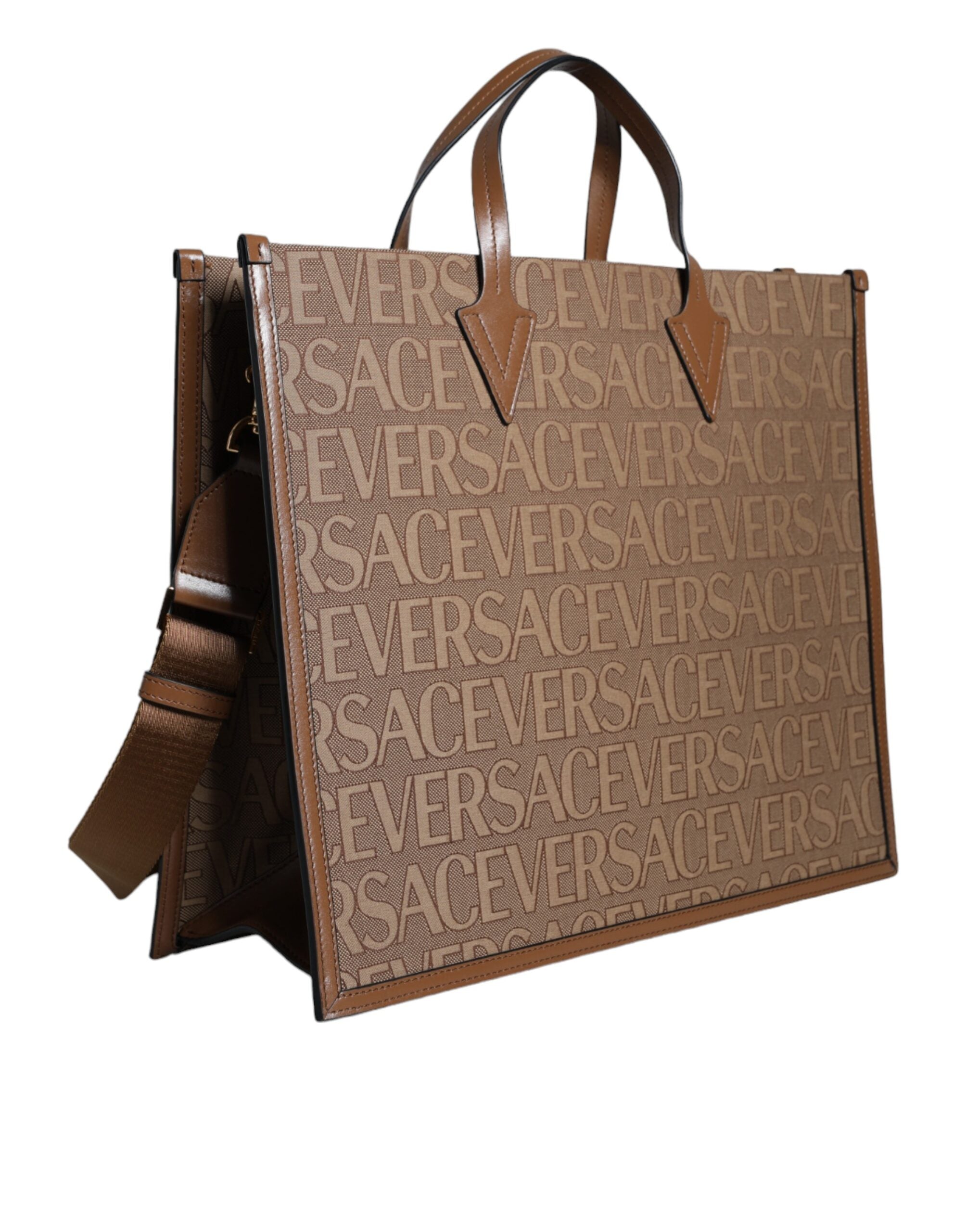 Versace Top Handle Jacquard Leather Logo Crossbody Tote Brown Bag