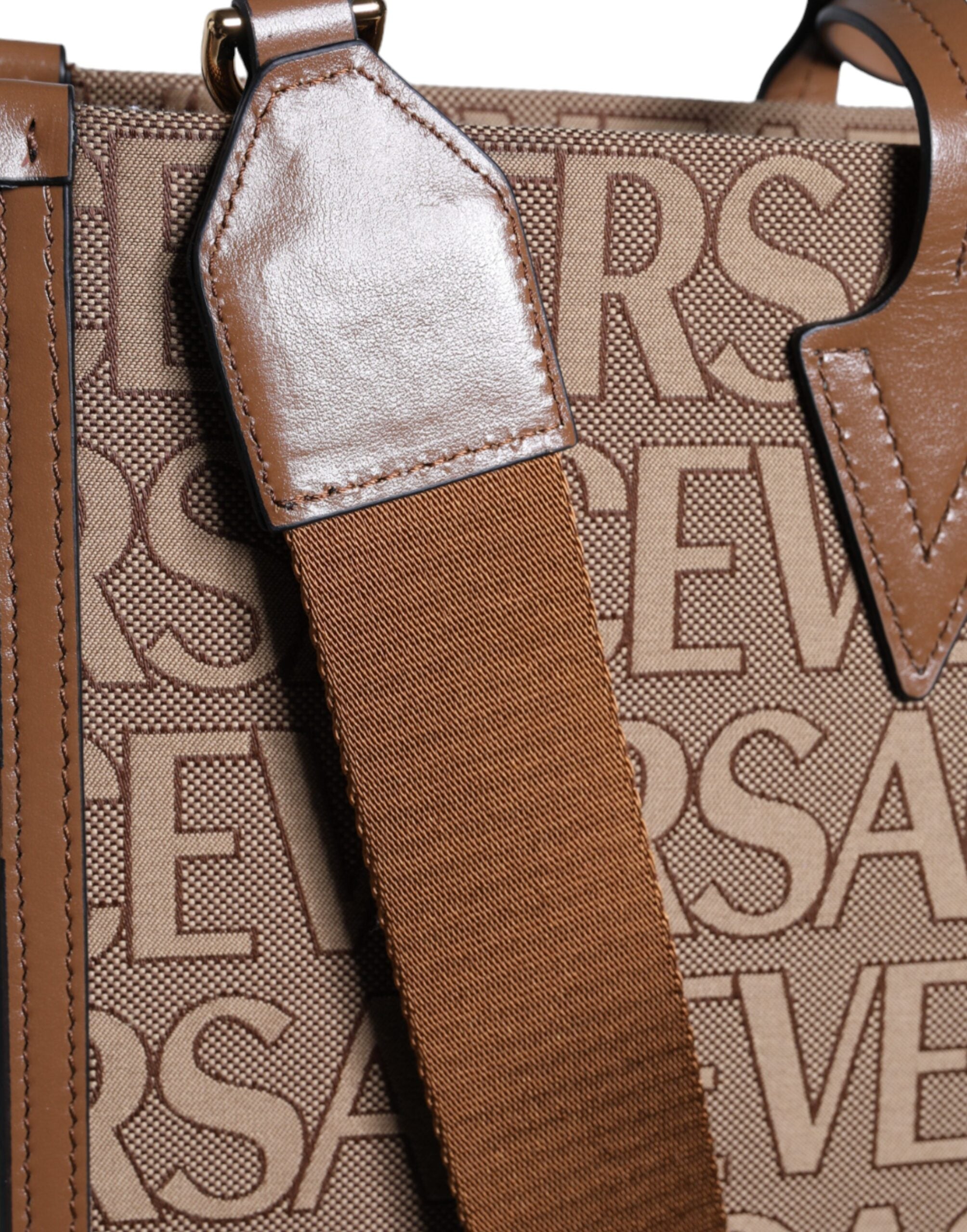 Versace Top Handle Jacquard Leather Logo Crossbody Tote Brown Bag