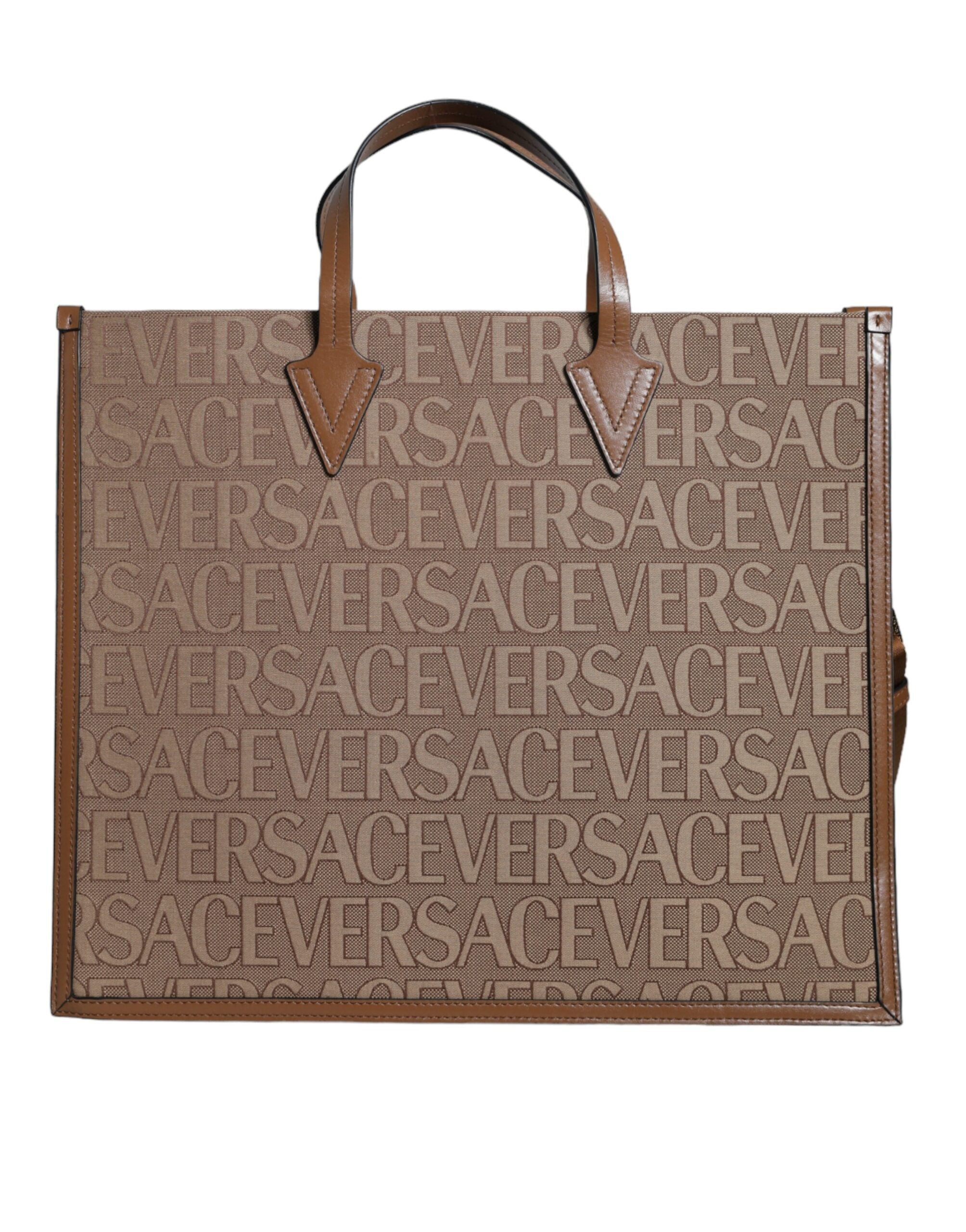 Versace Top Handle Jacquard Leather Logo Crossbody Tote Brown Bag