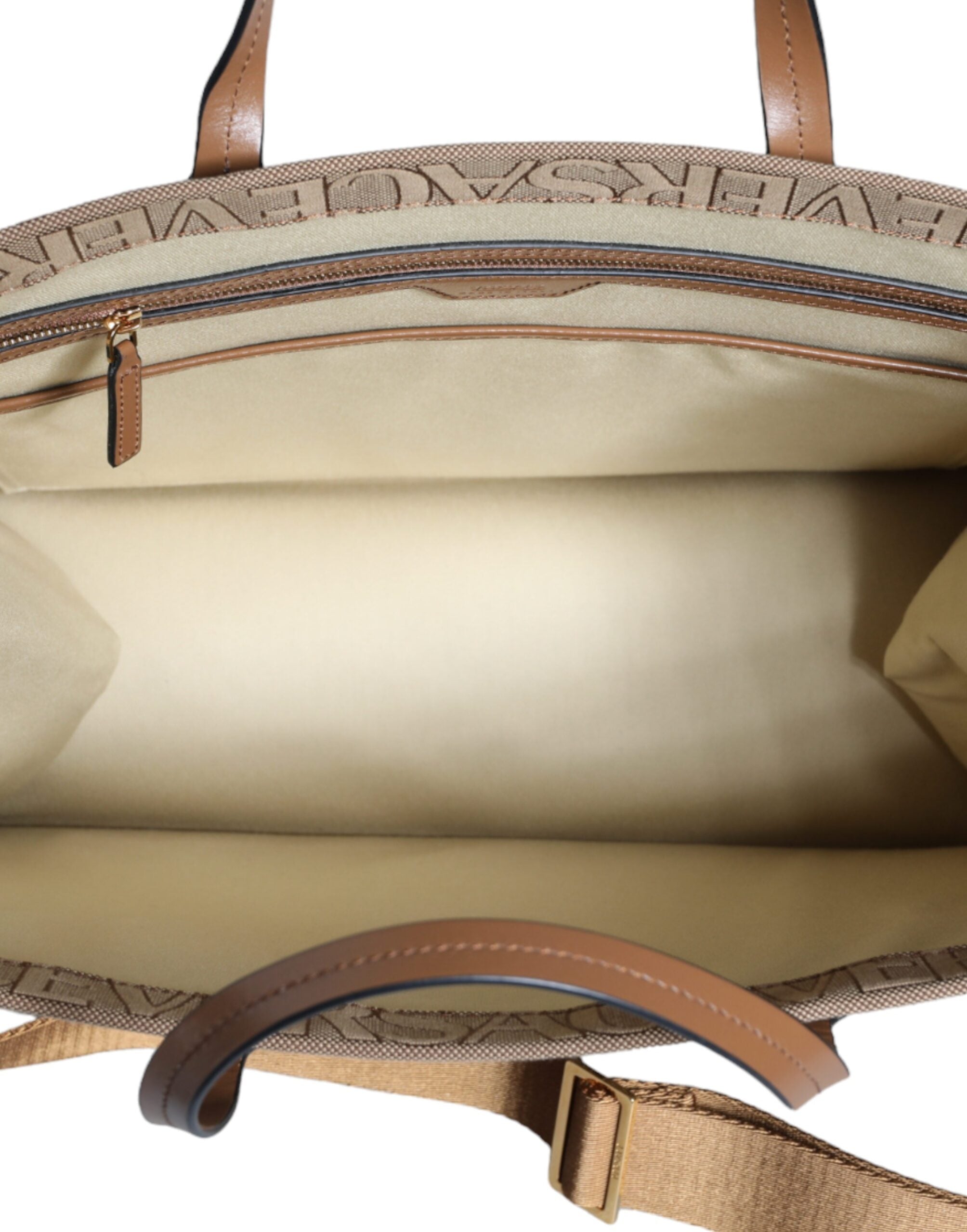 Versace Top Handle Jacquard Leather Logo Crossbody Tote Brown Bag