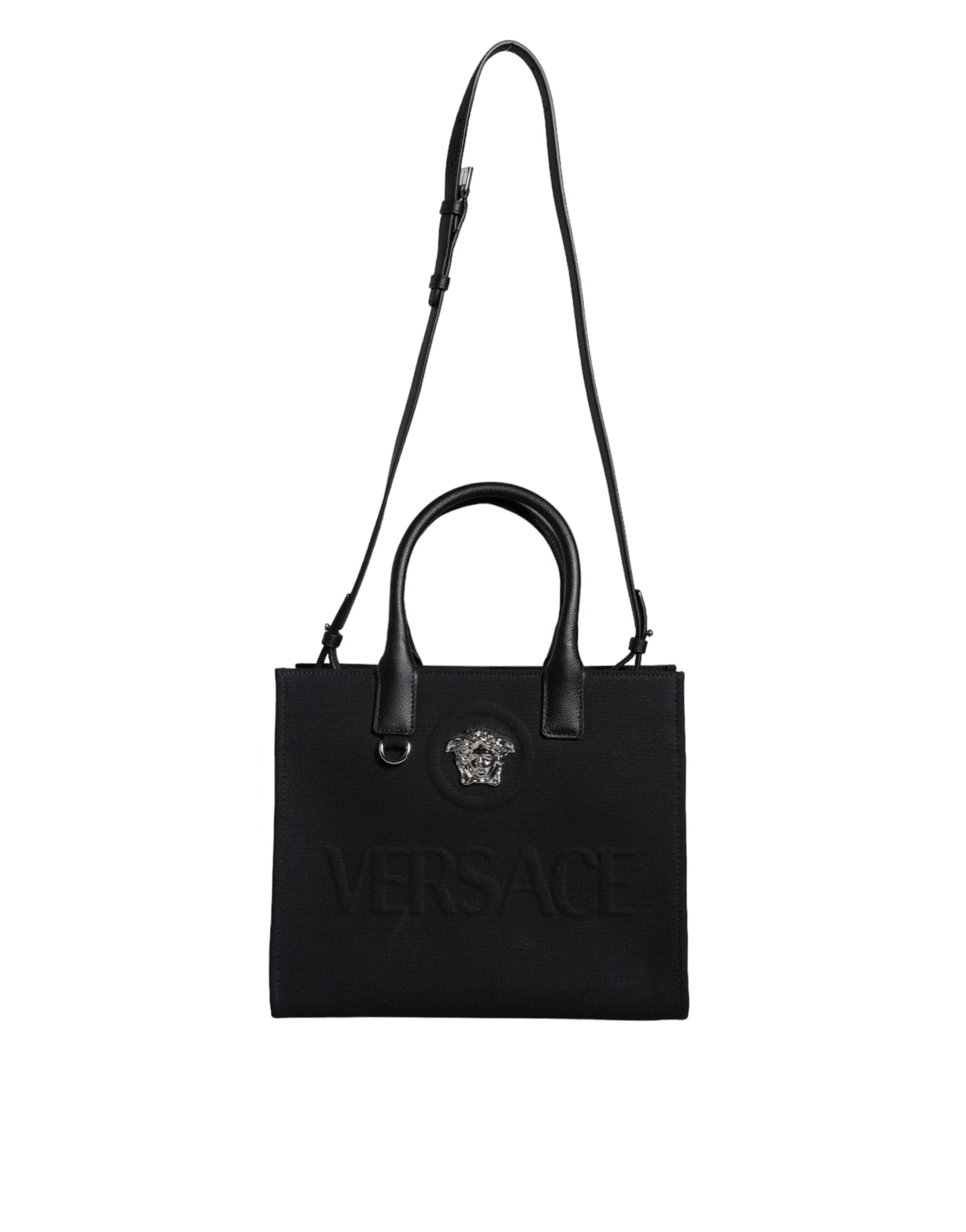 Versace Top Handle Canvas Leather Logo Crossbody Tote Black Bag