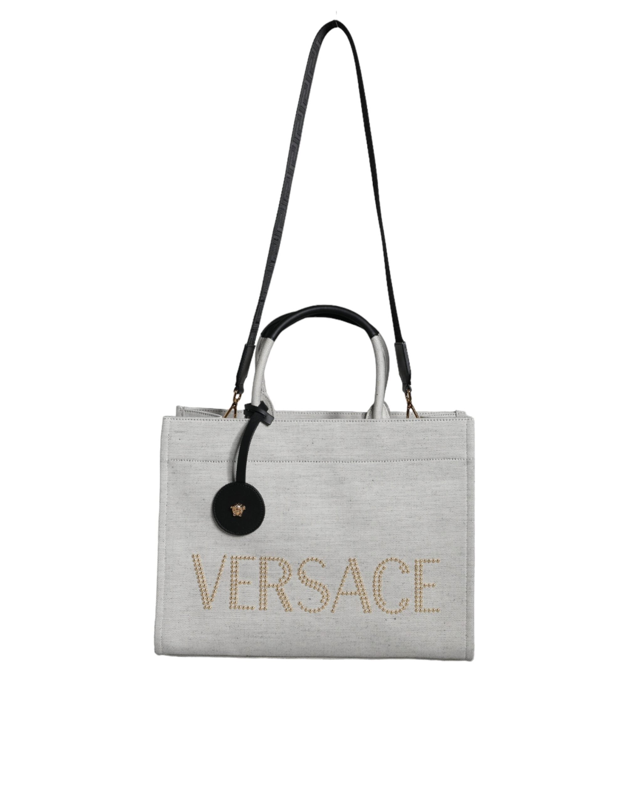 Versace Top Handle Canvas Leather Logo Crossbody Tote White Bag