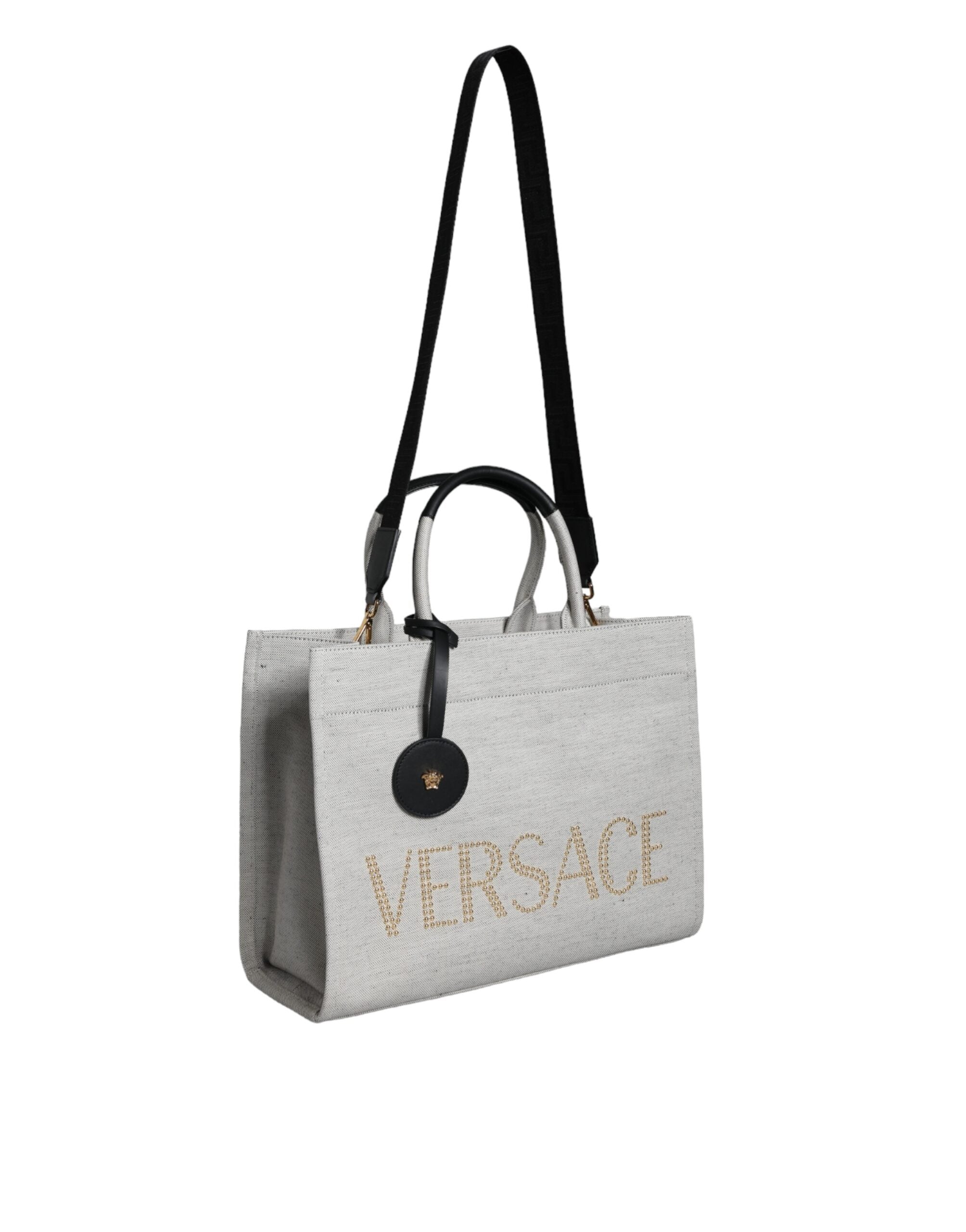 Versace Top Handle Canvas Leather Logo Crossbody Tote White Bag