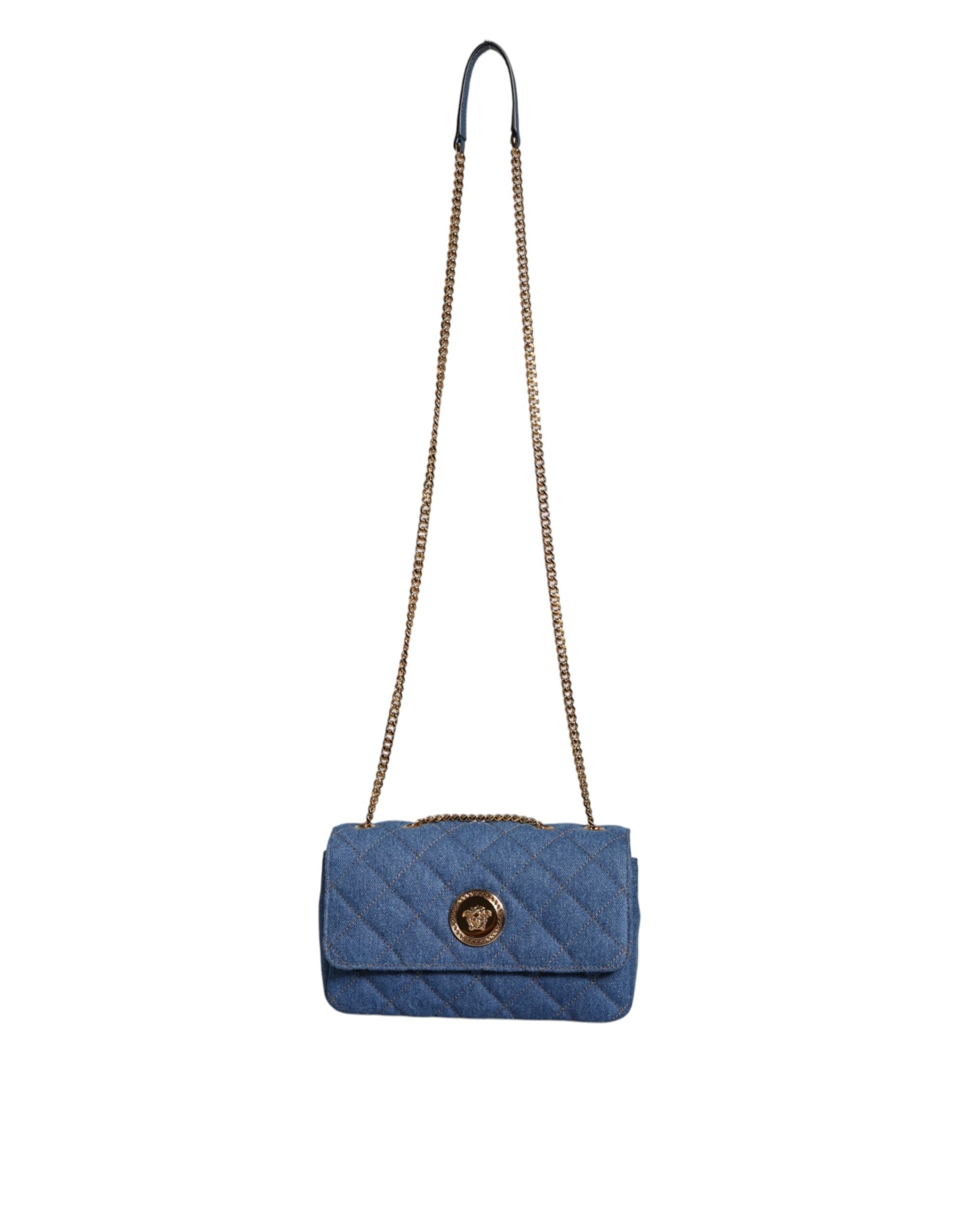 Versace Quilted Denim Leather Crossbody Shoulder Blue Bag
