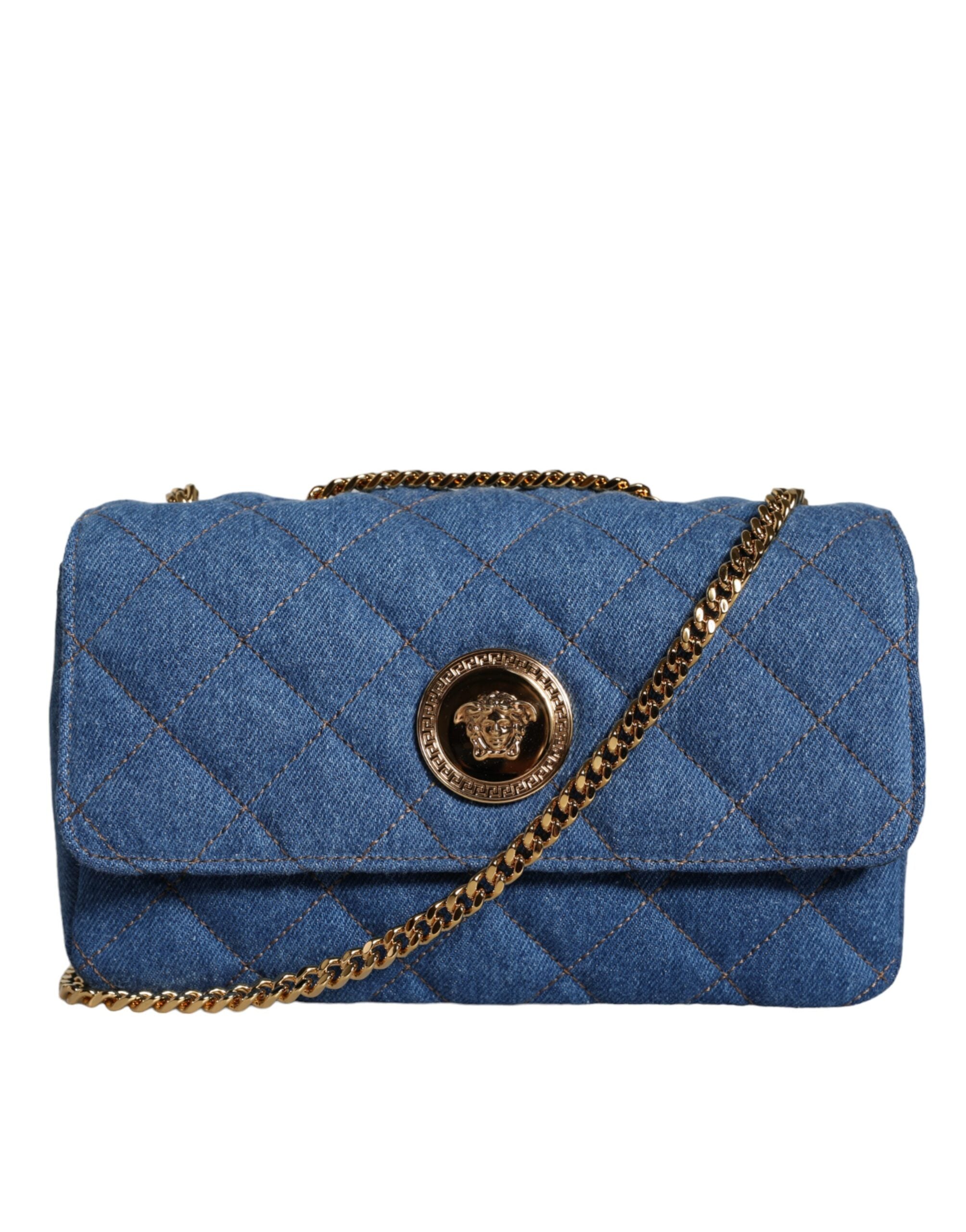 Versace Quilted Denim Leather Crossbody Shoulder Blue Bag