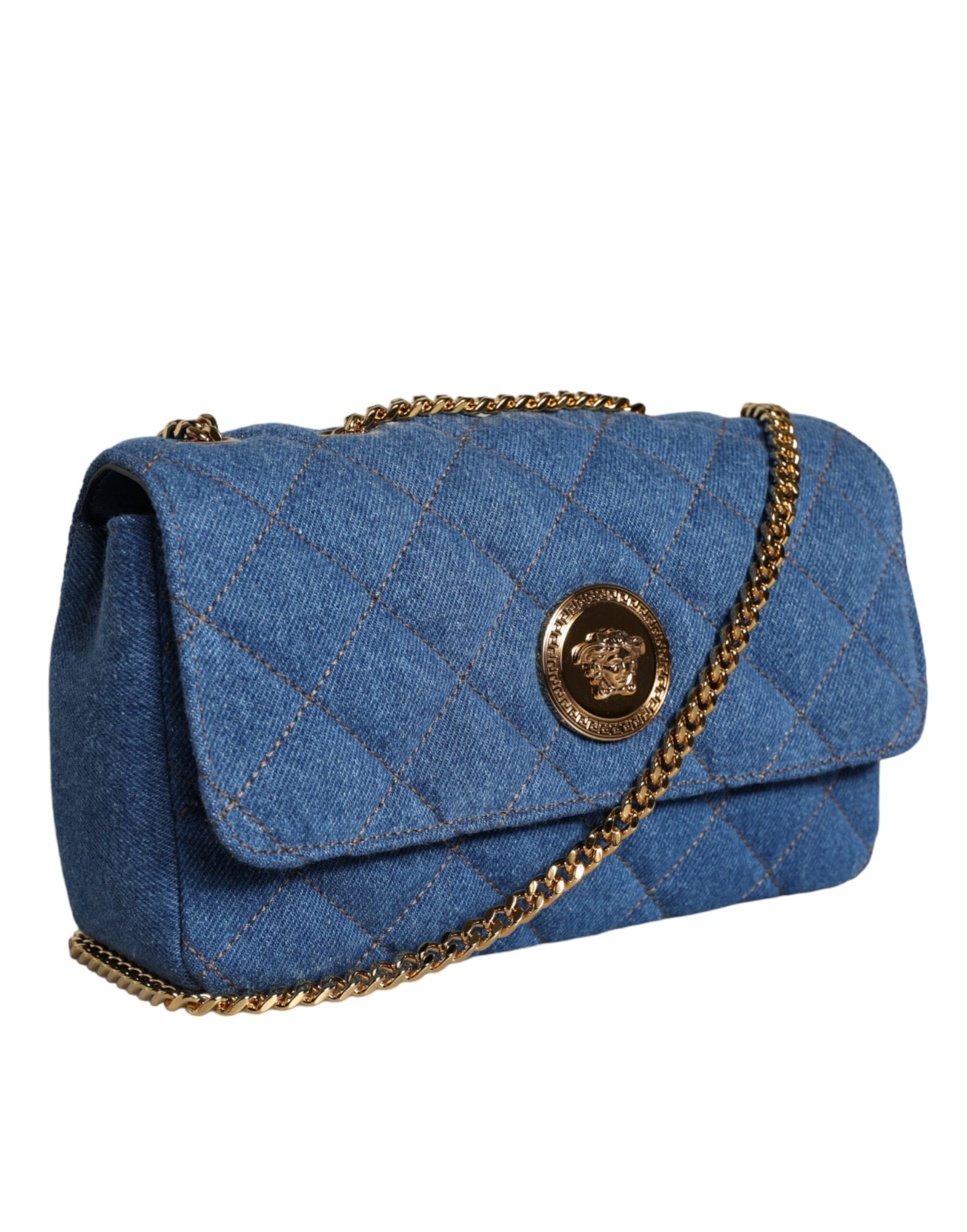 Versace Quilted Denim Leather Crossbody Shoulder Blue Bag