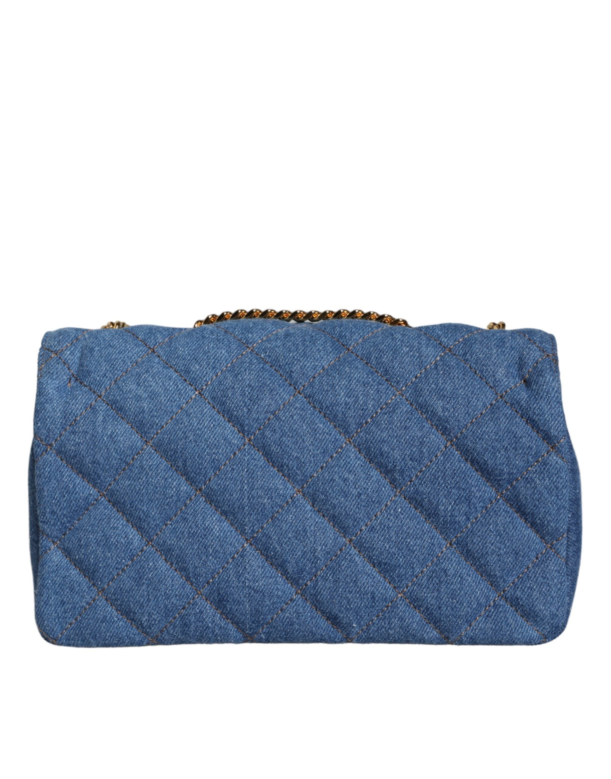 Versace Quilted Denim Leather Crossbody Shoulder Blue Bag