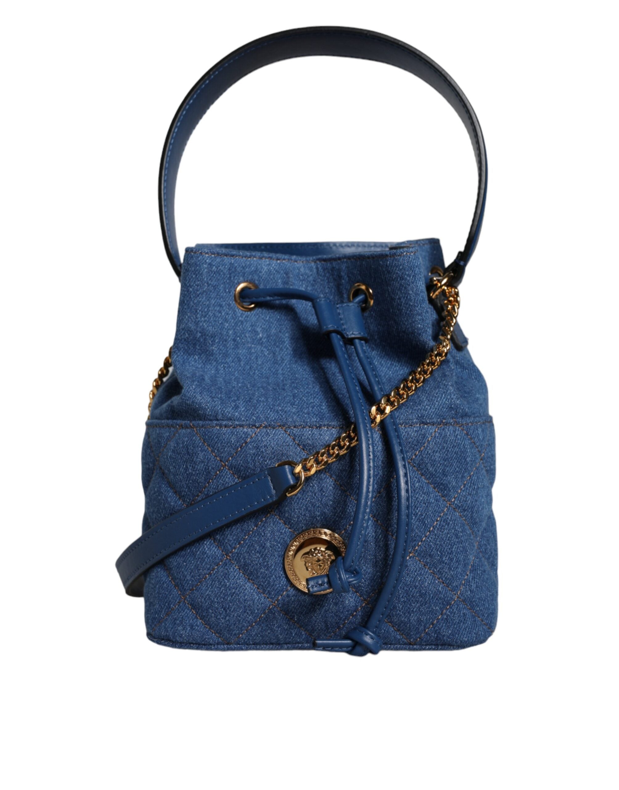 Versace Quilted Denim Leather Crossbody Shoulder Blue Bag