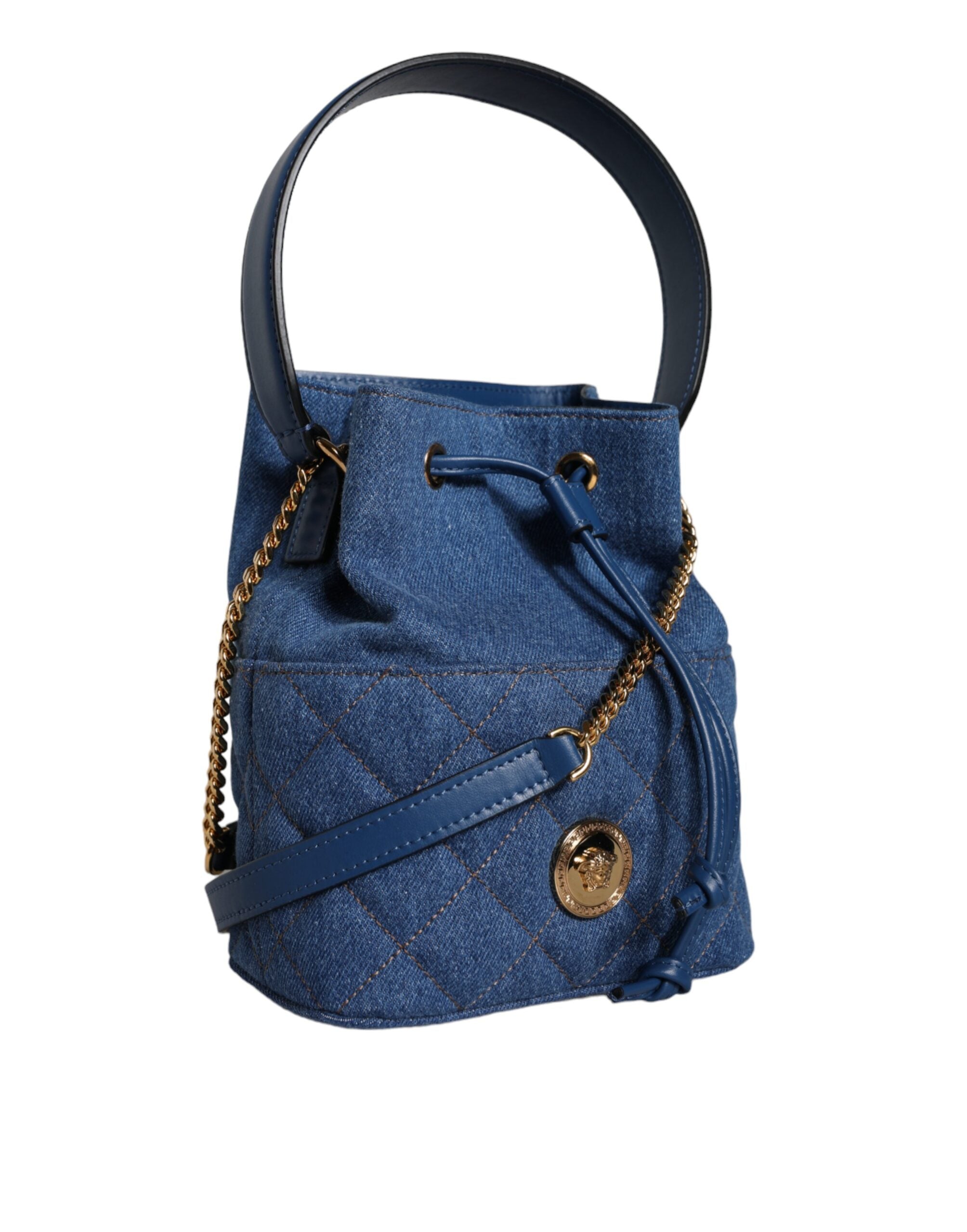 Versace Quilted Denim Leather Crossbody Shoulder Blue Bag