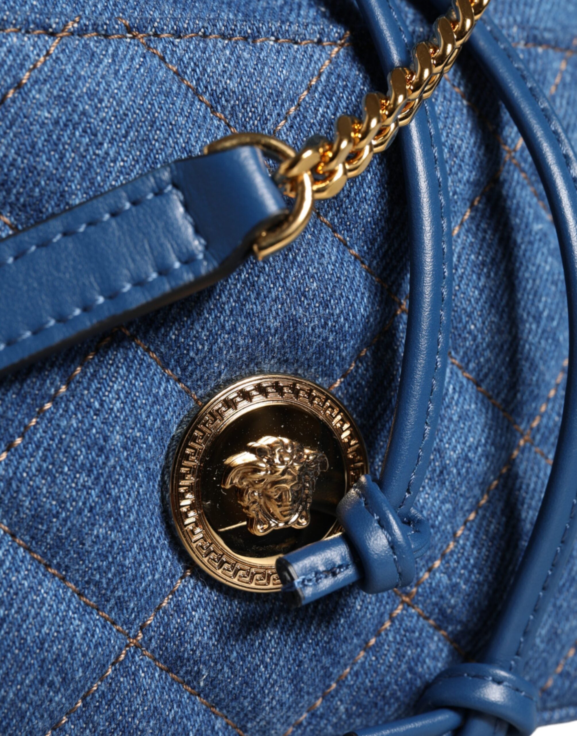 Versace Quilted Denim Leather Crossbody Shoulder Blue Bag