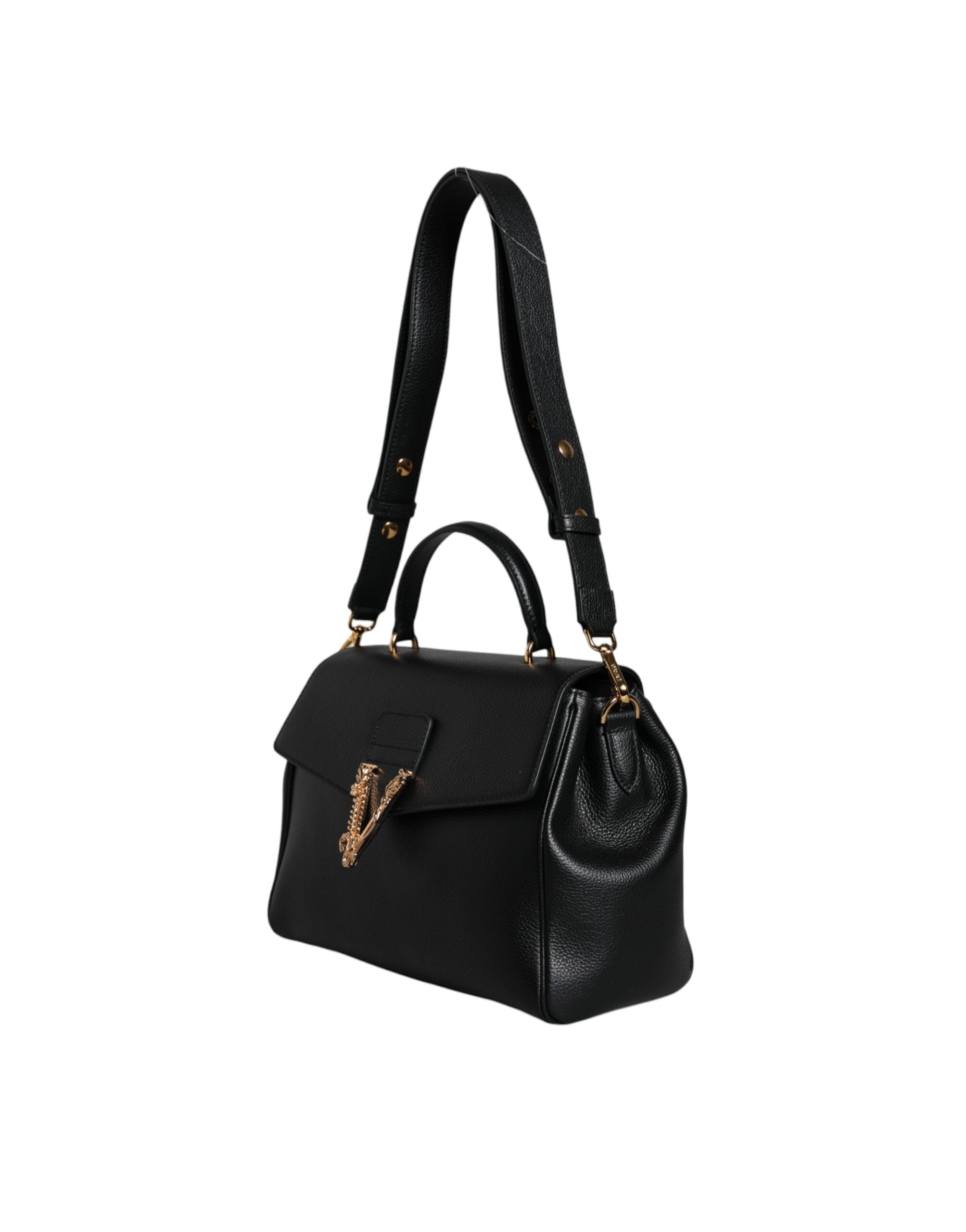 Versace Top Handle Grainy Calfskin Leather Crossbody Black Bag