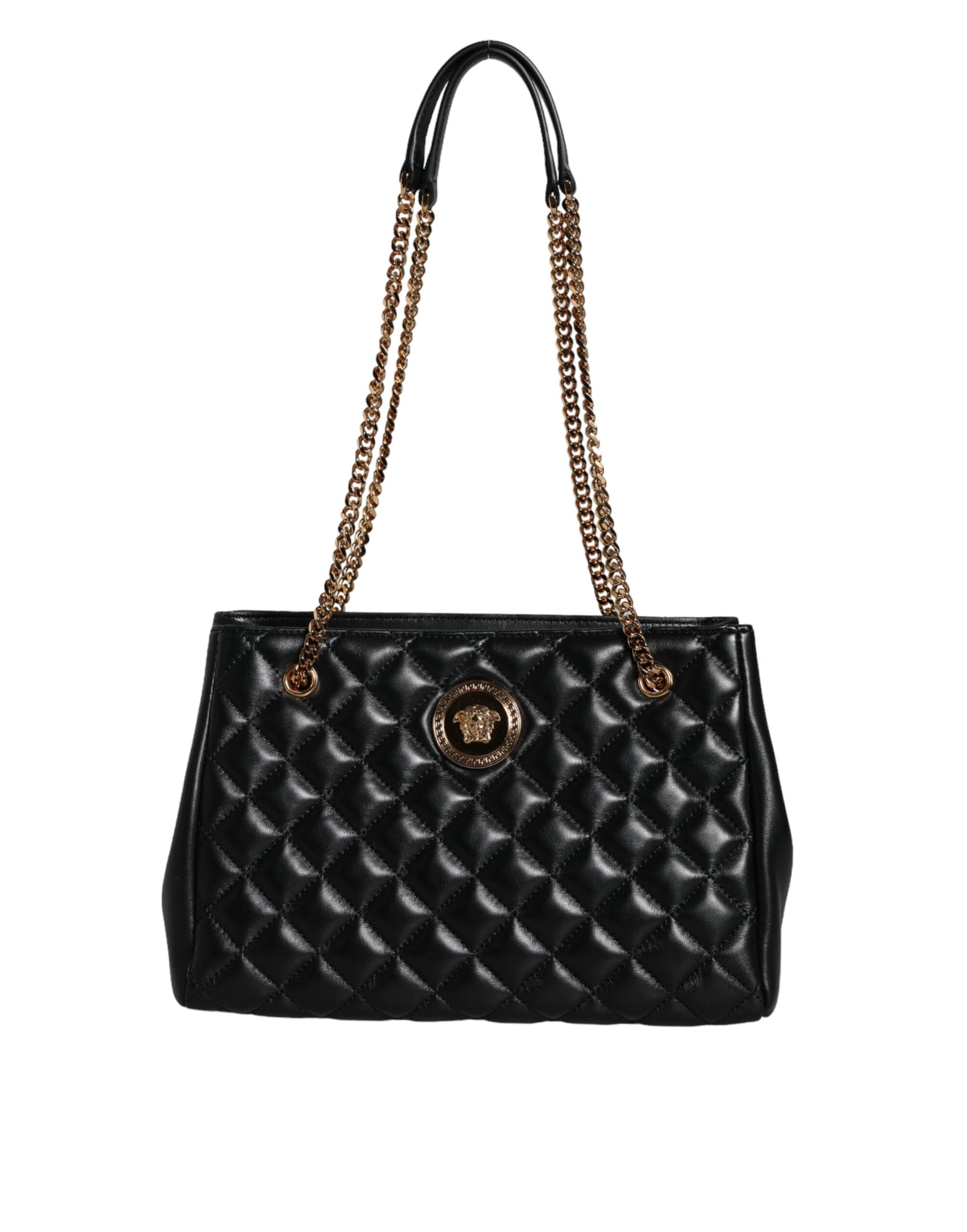 Versace Quilted Nappa Leather Shoulder Chain Strap Black Bag