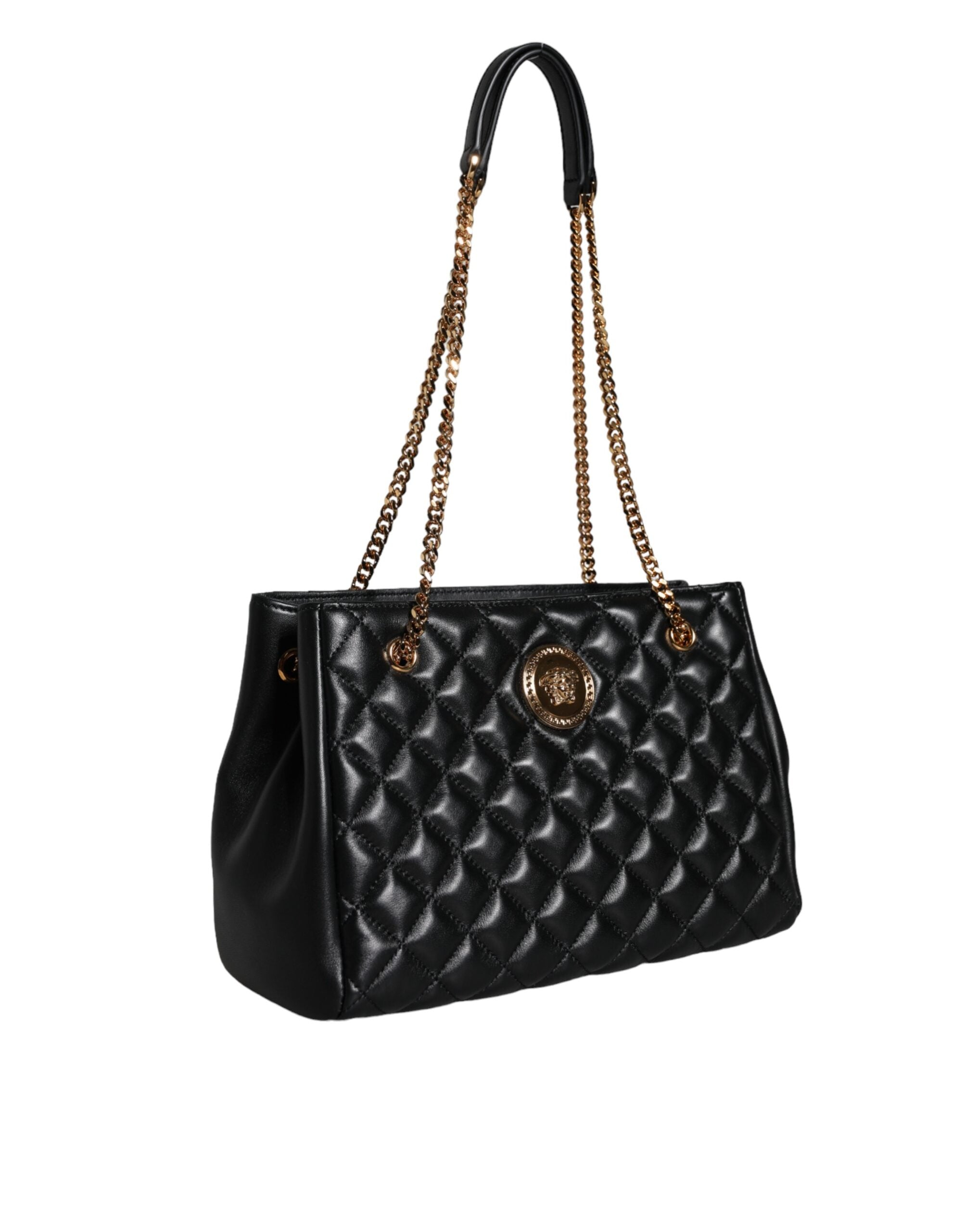 Versace Quilted Nappa Leather Shoulder Chain Strap Black Bag