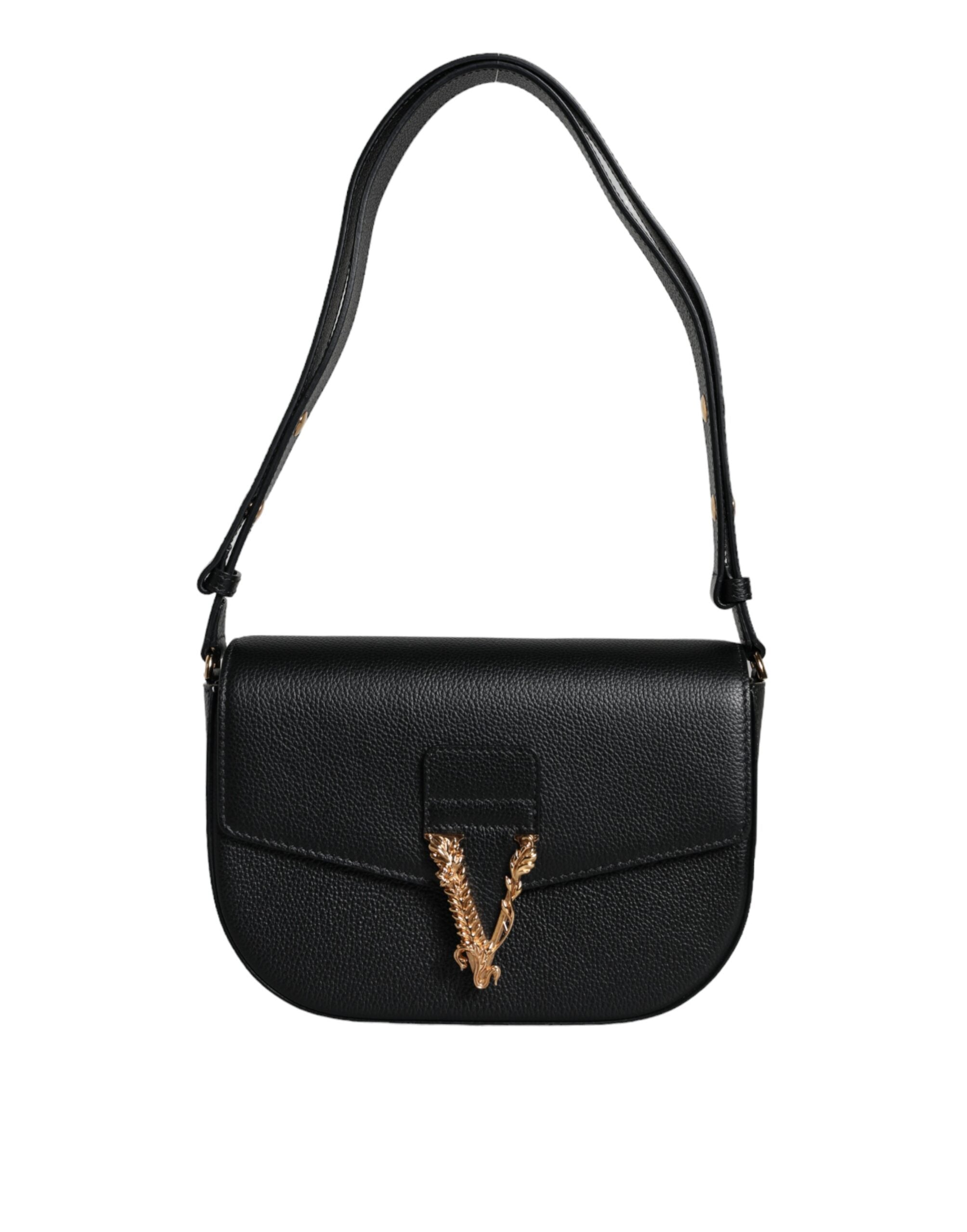 Versace Grainy Calf Leather Logo Crossbody Shoulder Black Bag