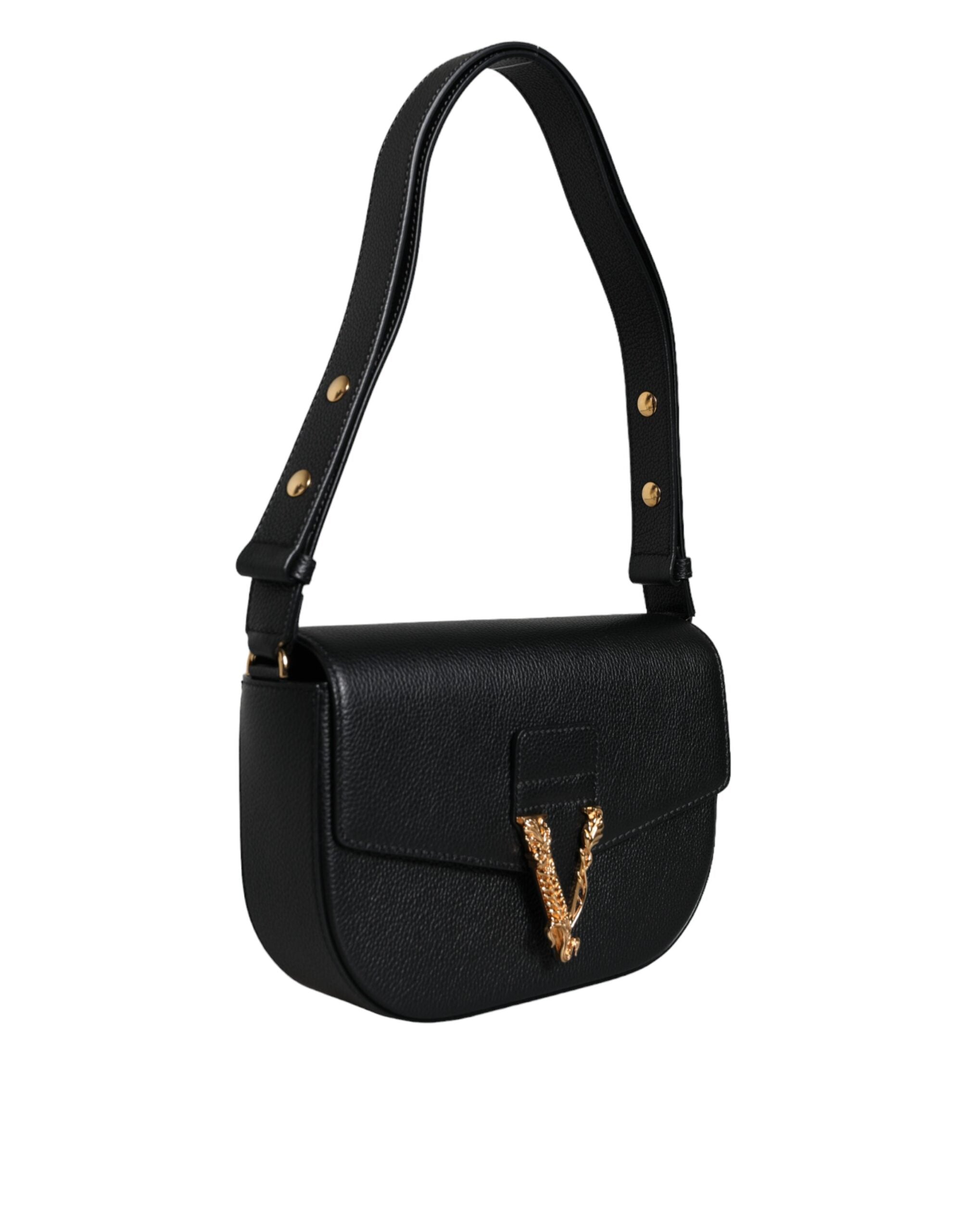 Versace Grainy Calf Leather Logo Crossbody Shoulder Black Bag