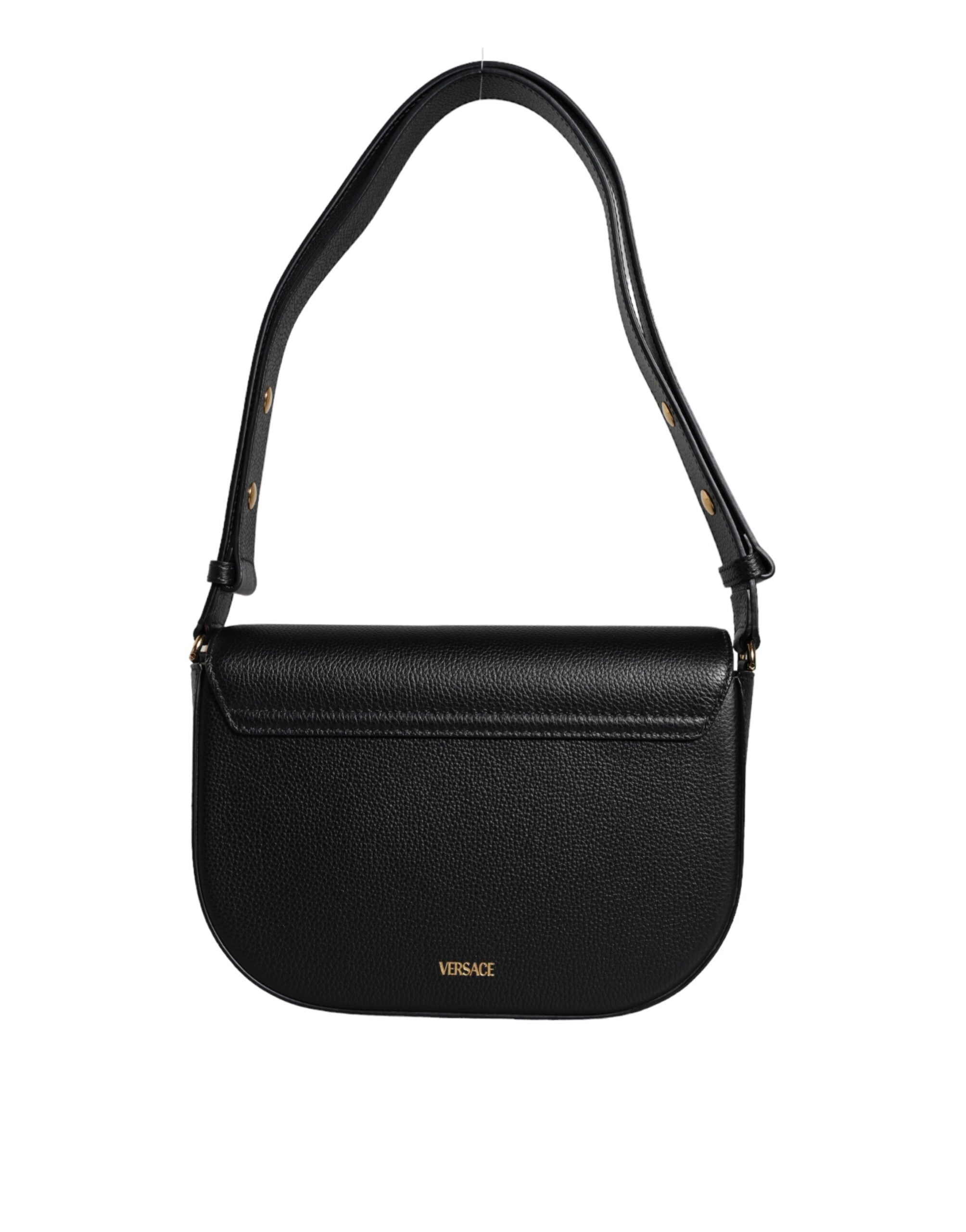 Versace Grainy Calf Leather Logo Crossbody Shoulder Black Bag