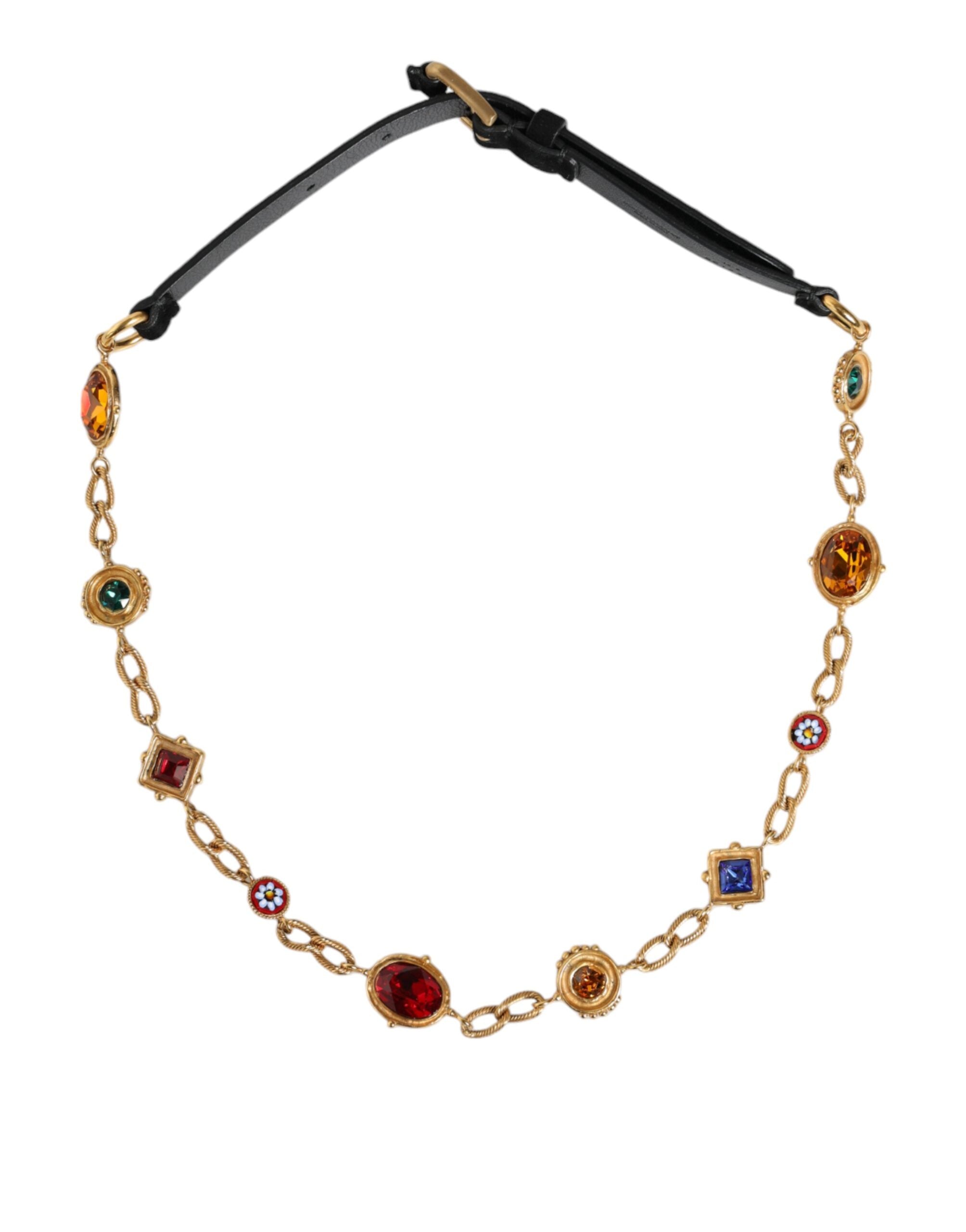 Dolce & Gabbana Leather Brass Crystal Chain Waist Black Gold Belt