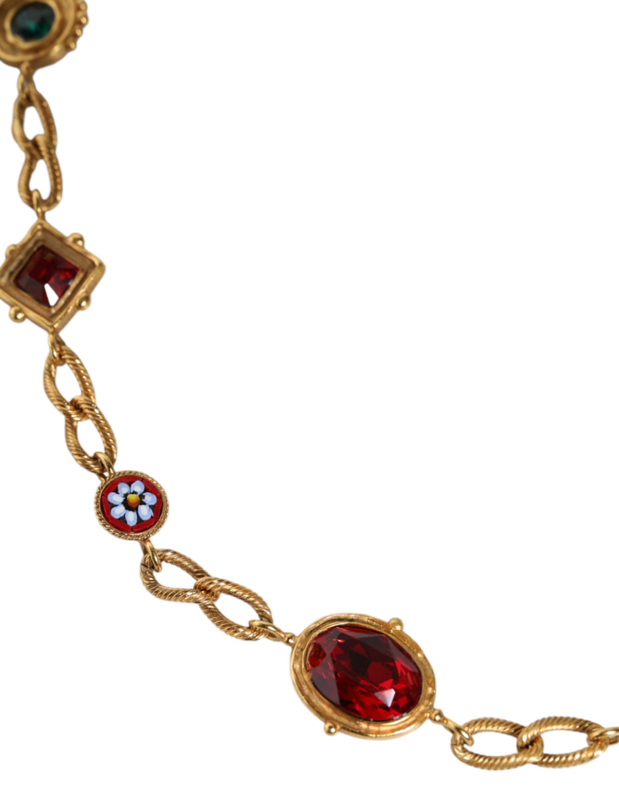 Dolce & Gabbana Leather Brass Crystal Chain Waist Black Gold Belt