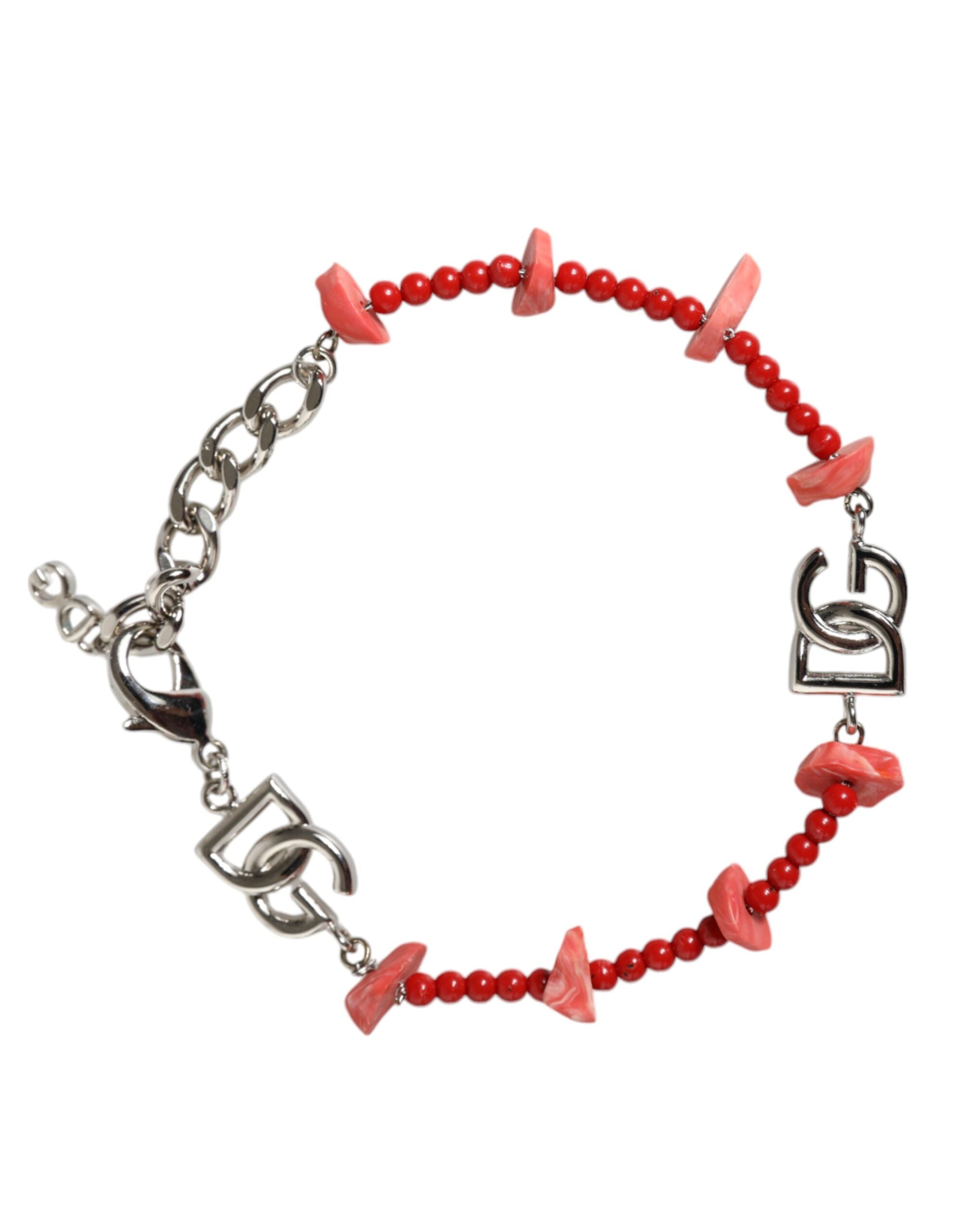 Dolce & Gabbana Tone Brass Beaded Resin Dg Logo Chain Silver Bracelet