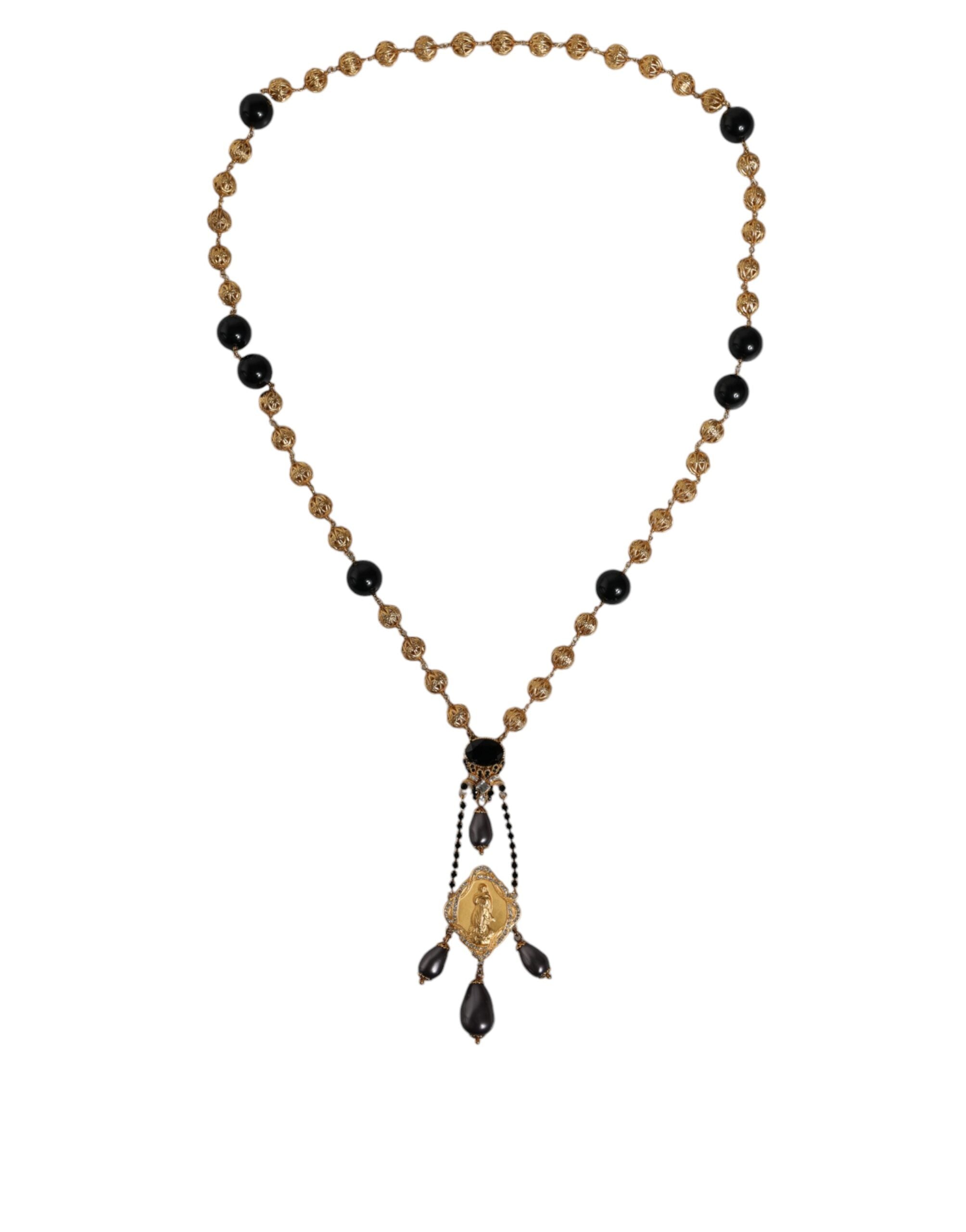 Dolce & Gabbana Chain Brass Beaded Rosary Style Gold Black Necklace