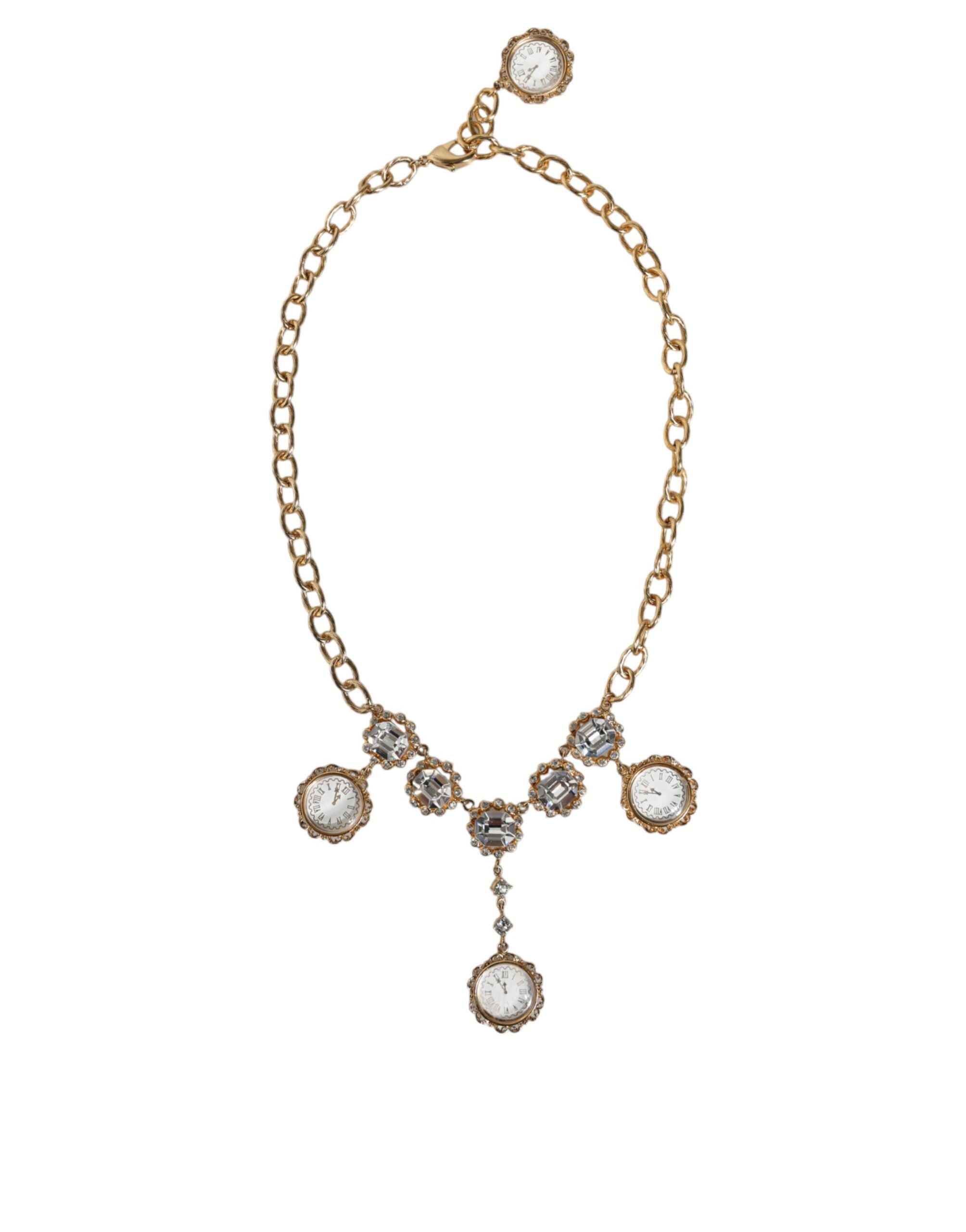 Dolce & Gabbana Chain Brass Crystal Clock Statement Gold Necklace